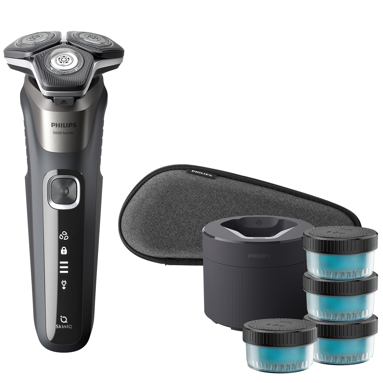 A Philips electric shaver set: shaver, charging base, travel case, and cleaning cartridges.