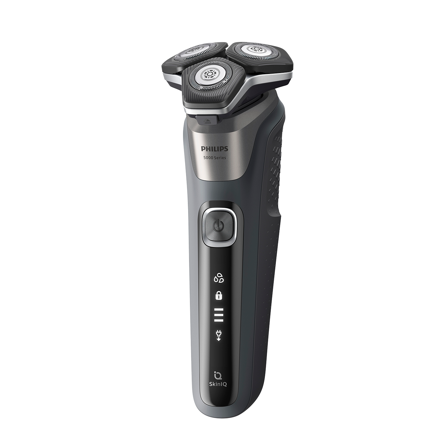 Electric shaver, black and gray. It has three rotating heads.