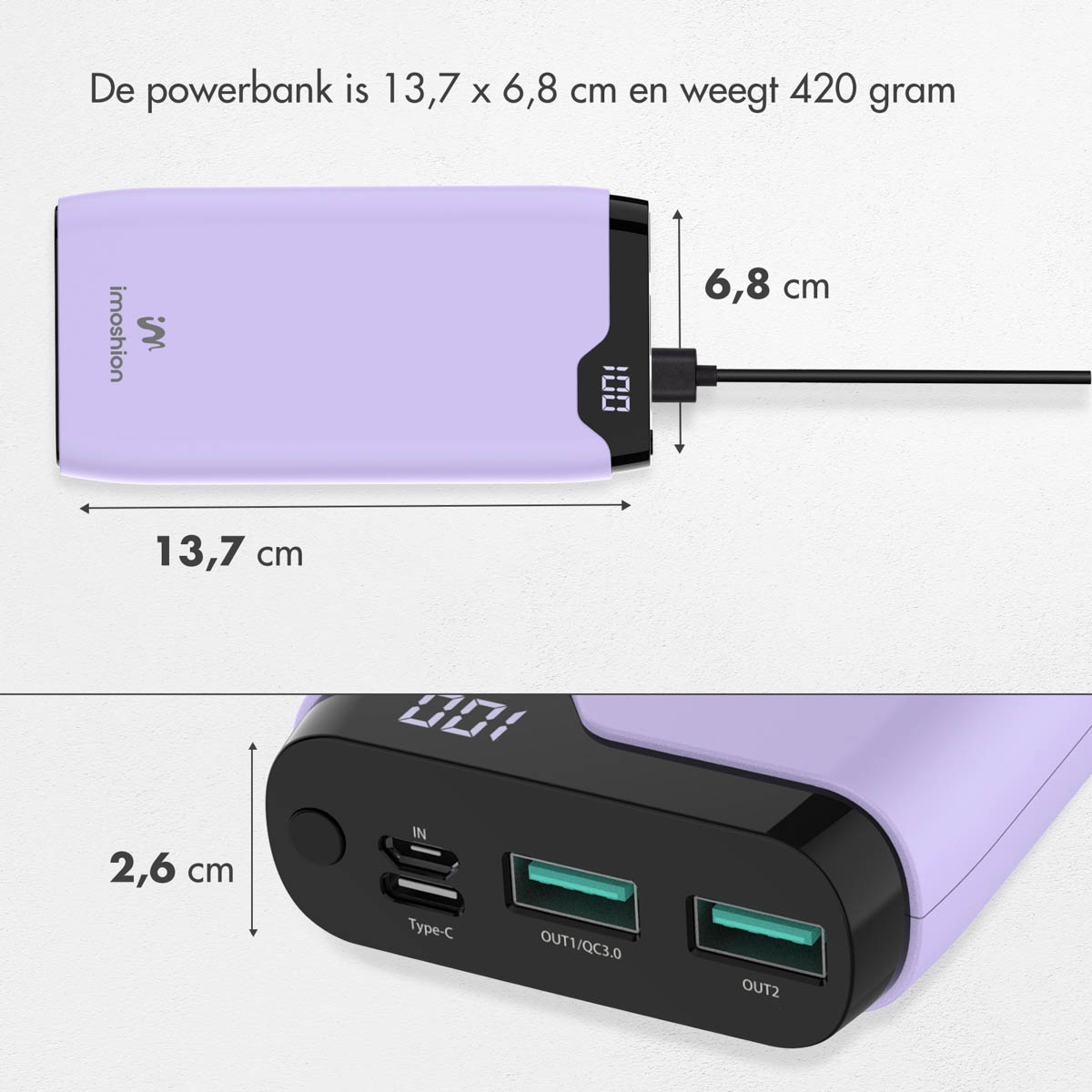 Eine lila Powerbank mit Maßen und Anschlüssen wird angezeigt. Es zeigt Abmessungen und Anschlusstypen mit digitaler Anzeige.