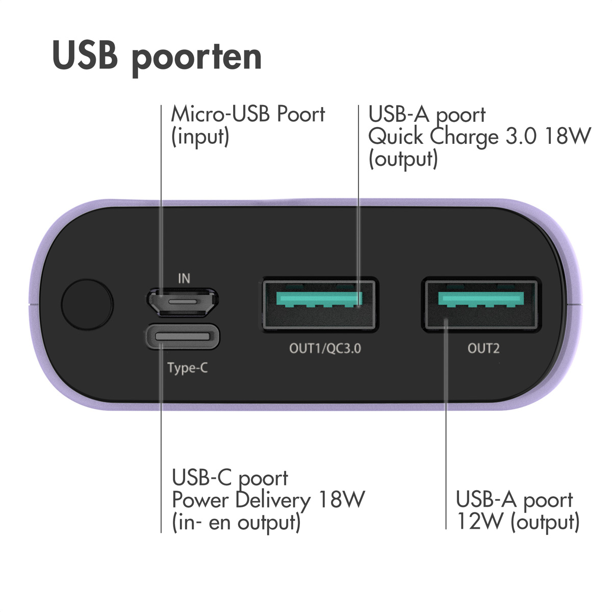 Nahaufnahme einer Powerbank mit verschiedenen USB-Anschlüssen: Micro-USB, USB-A und USB-C. Text zeigt Eingangs- und Ausgangsfunktionen.