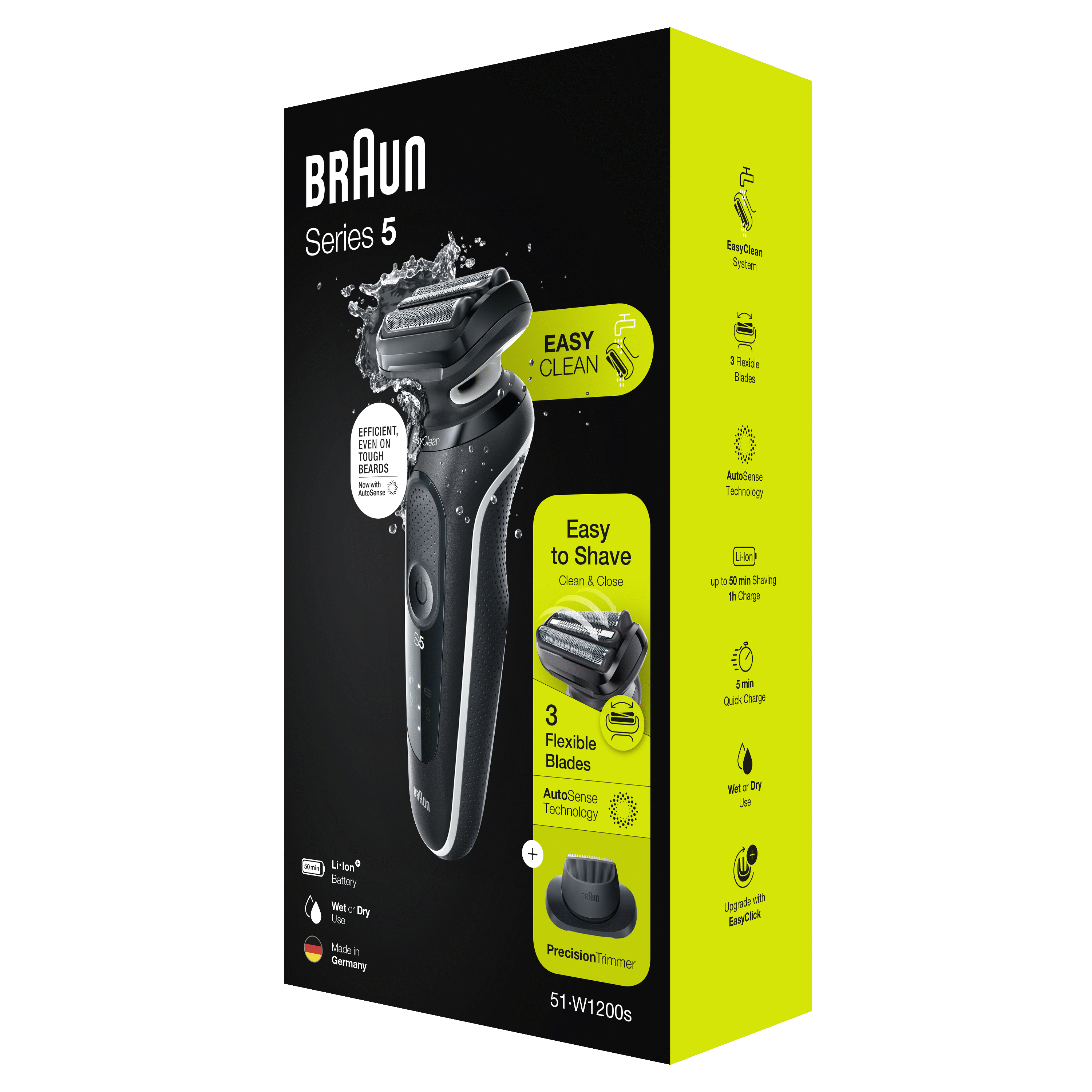 Braun Series 5 Rasiererbox, schwarzer Rasierer mit grünen Akzenten und Text.