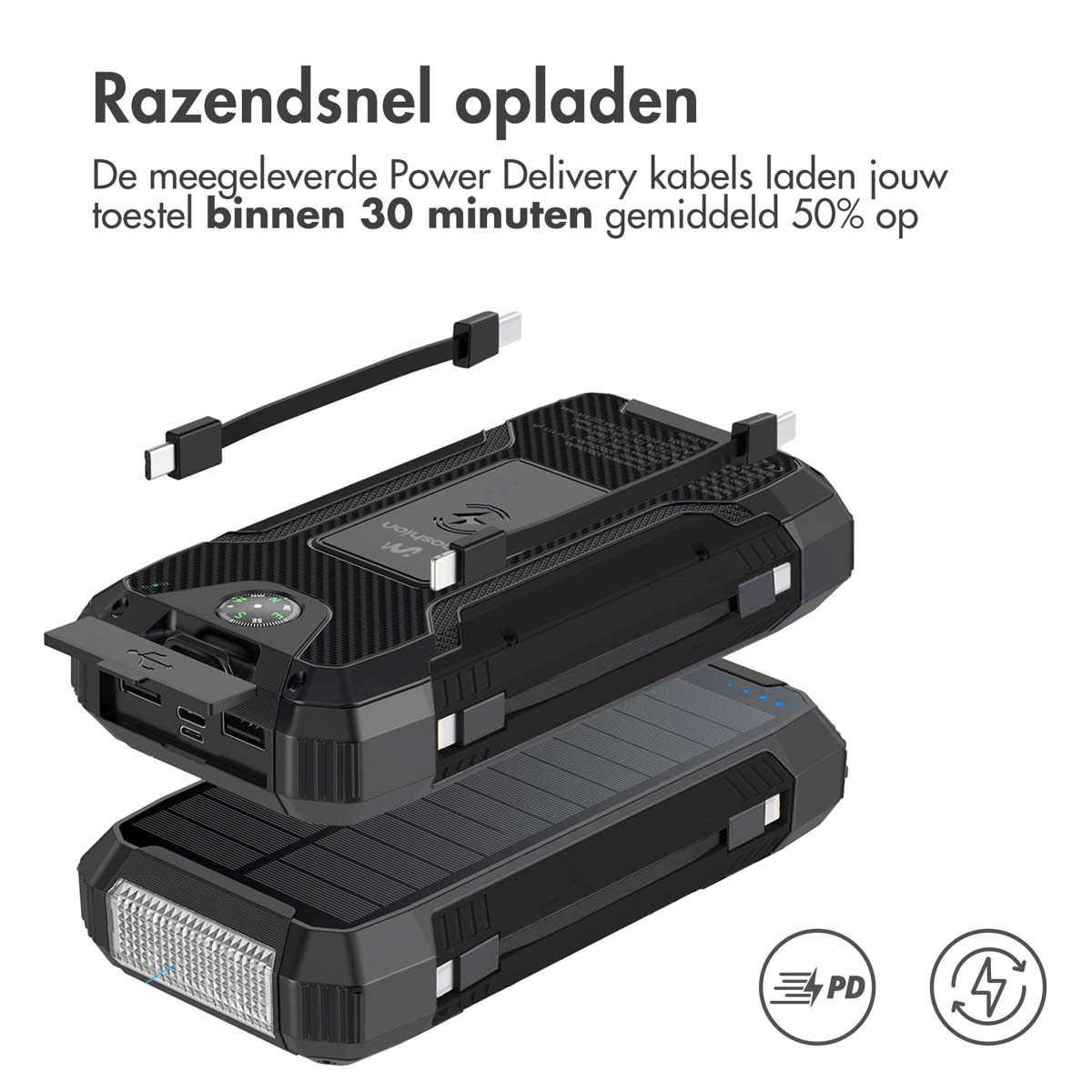Schwarze Powerbank mit Ladekabel. Der Text besagt schnelles Aufladen innerhalb von 30 Minuten. Power-Delivery- und Ladesymbole sind sichtbar.