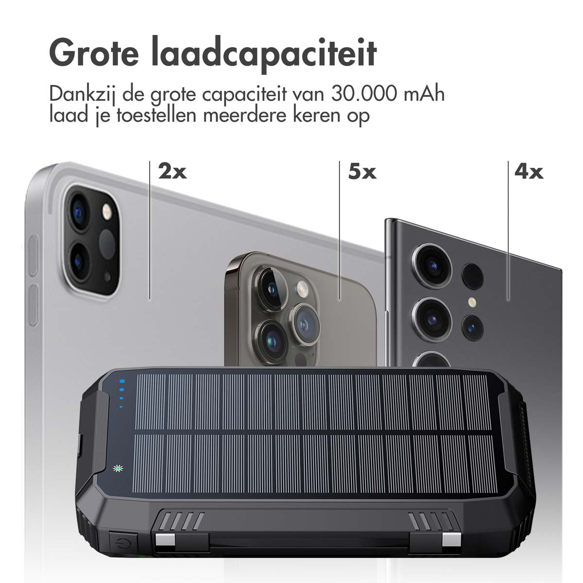 Eine schwarze Powerbank mit Solarpanel im Vordergrund. Im Hintergrund sind Handys mit Text zur Ladekapazität zu sehen.