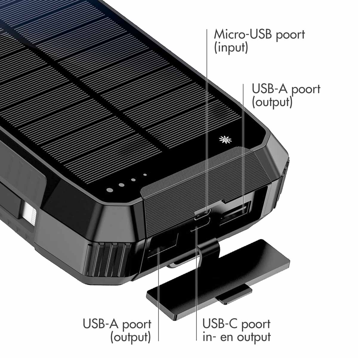 Schwarze Solar-Powerbank mit USB-Anschlüssen. Beschriftet: Micro-USB-Eingang, USB-A-Ausgang und USB-C-Ein-/Ausgang.
