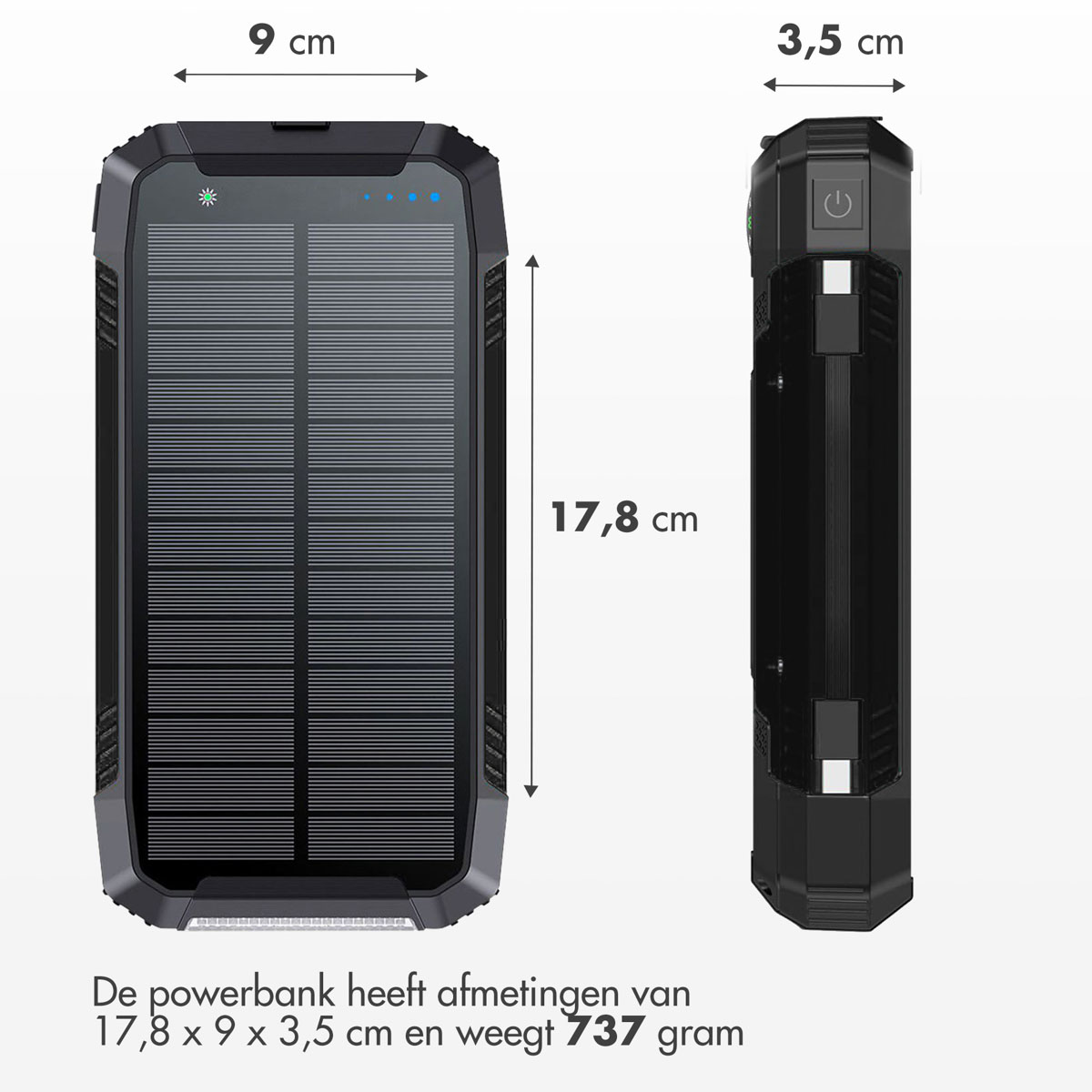 Schwarze Powerbank mit den Maßen 17,8x9x3,5 cm. Mit Solarpanel und Power-Taste. Wiegt 737 Gramm.