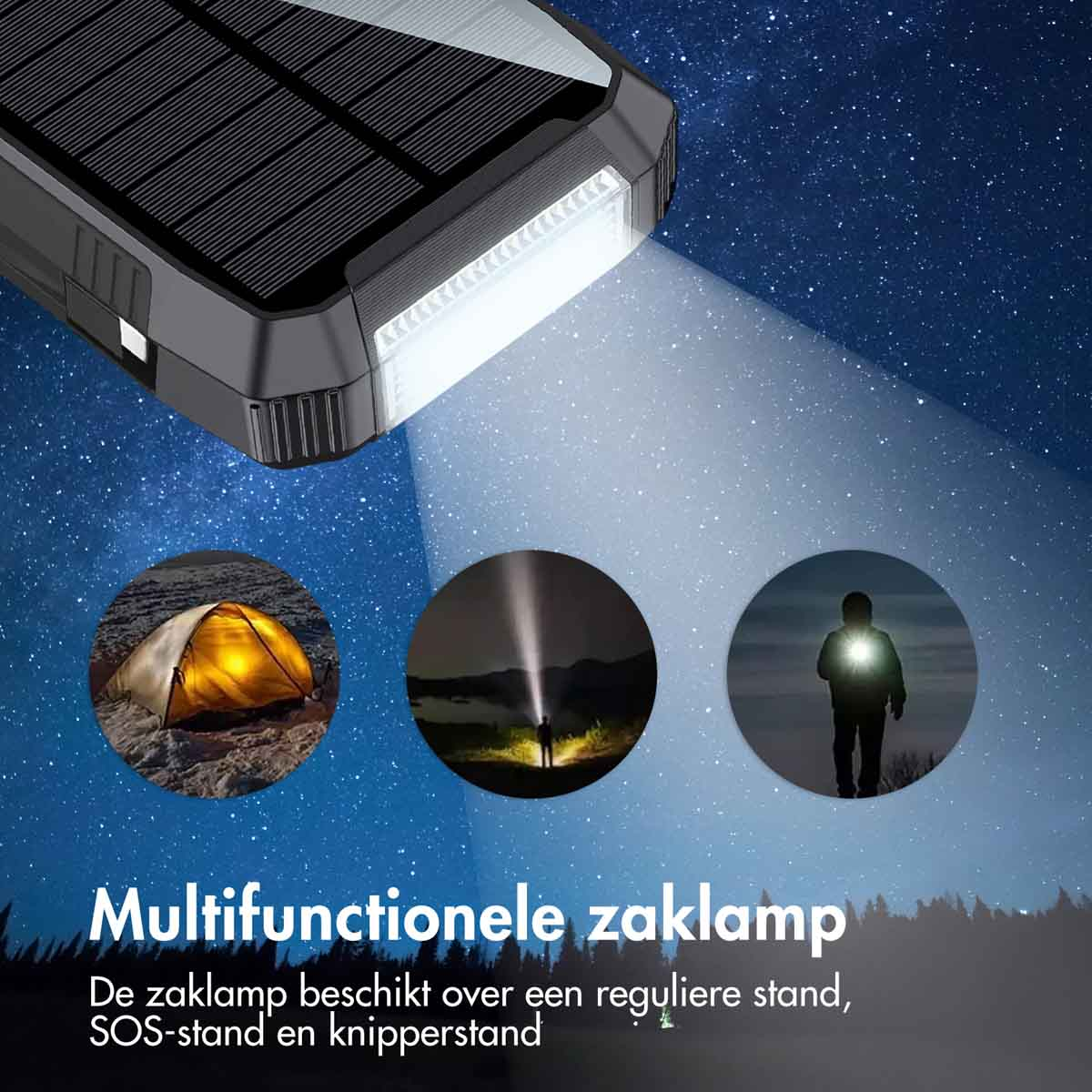 Eine multifunktionale Taschenlampe mit Solarpanel, die leuchtet. Enthält Zelt und Person mit Taschenlampe im Dunkeln. Text unten: 'Multifunktionale Taschenlampe'.