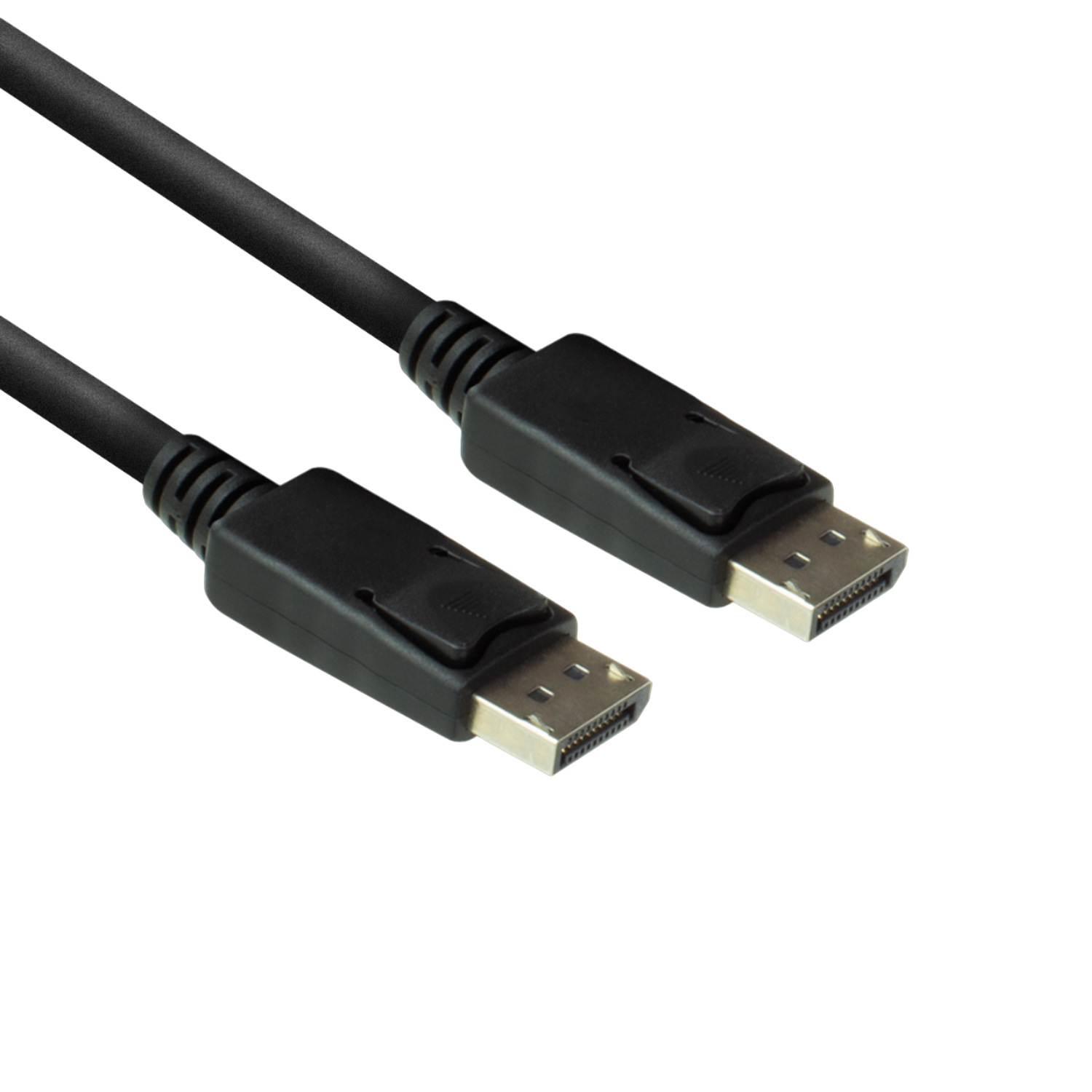 Nahaufnahme eines schwarzen DisplayPort-Kabels mit zwei Anschlüssen auf schwarzem Hintergrund.