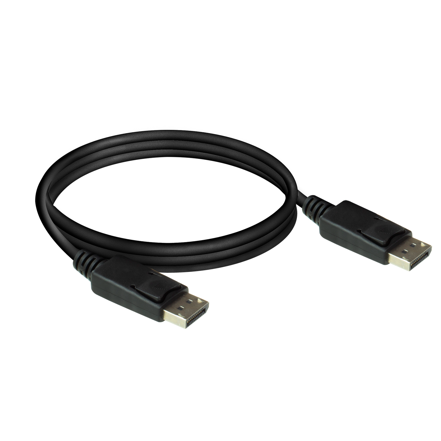 Schwarzes DisplayPort-Kabel mit zwei Anschlüssen auf weißem Hintergrund.