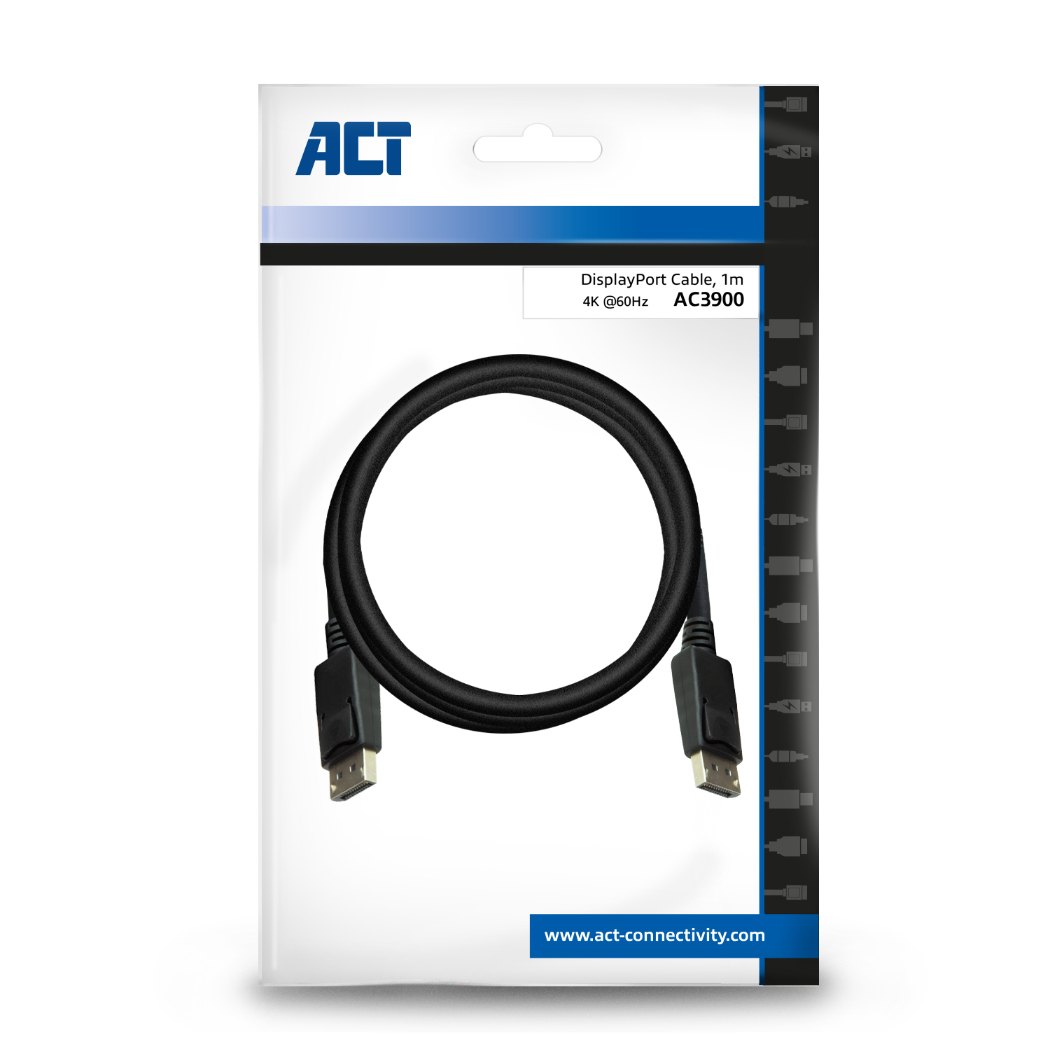 ACT DisplayPort-Kabel, 1m, 4K@60Hz, Modell AC3900, in Verpackung.