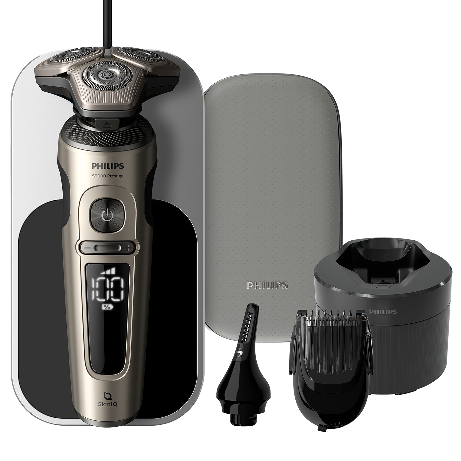 Afeitadora Philips con accesorios, incluyendo base de carga, recortador y estuche de viaje. Fondo negro.