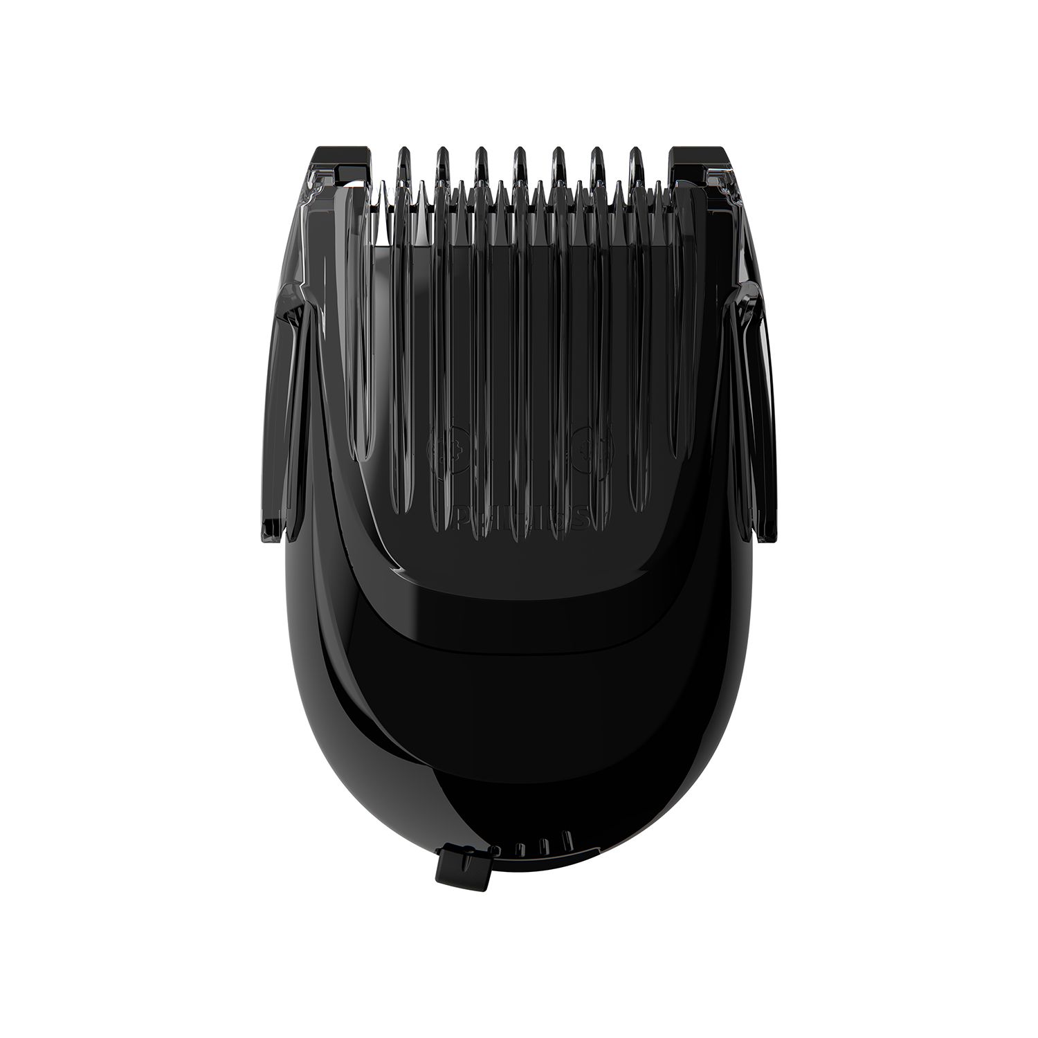 Cuchilla negra para recortar barba. La cuchilla tiene un diseño curvo, similar a un peine. El fondo es blanco.