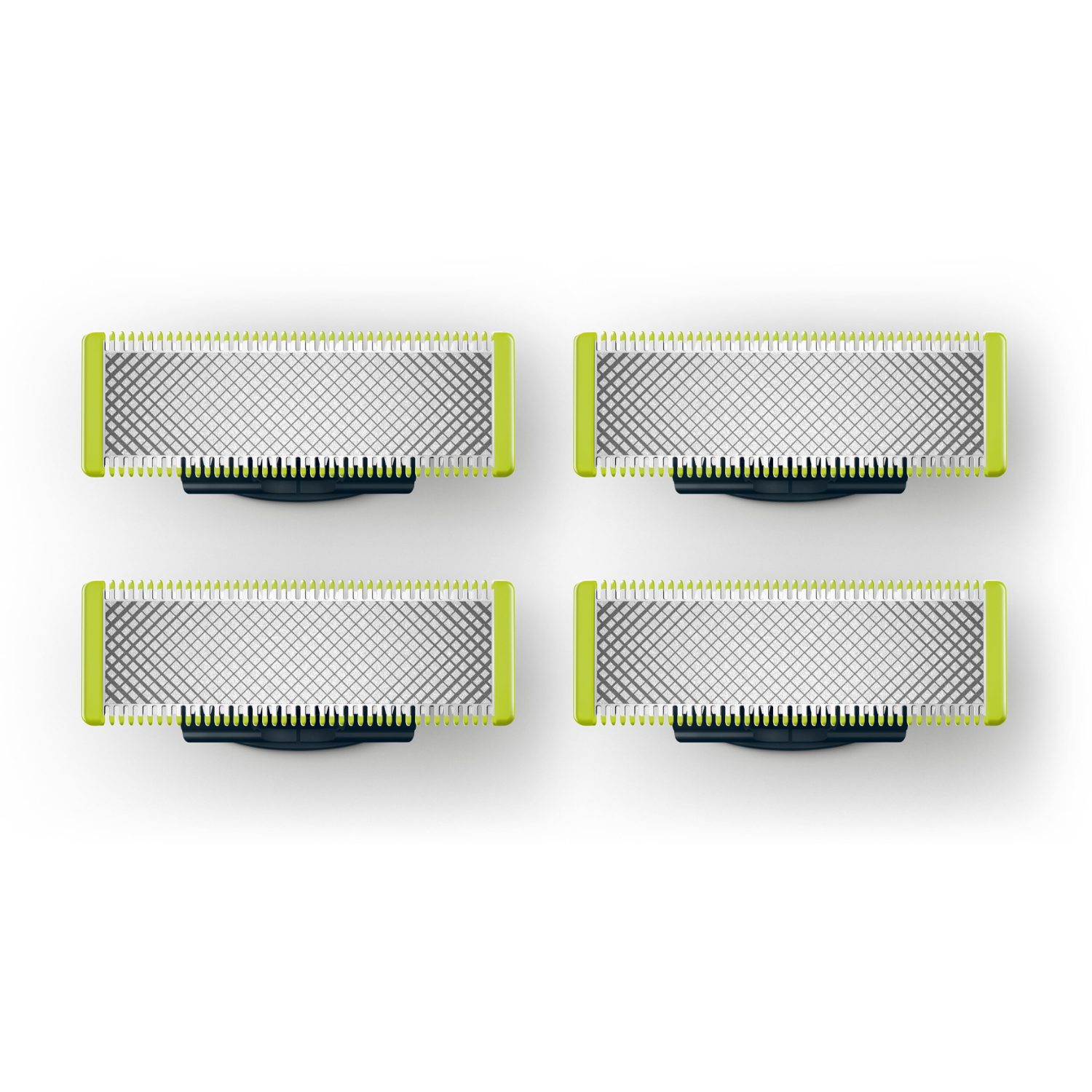 Four green and black razor blades arranged on white background. Each blade has a green edge.