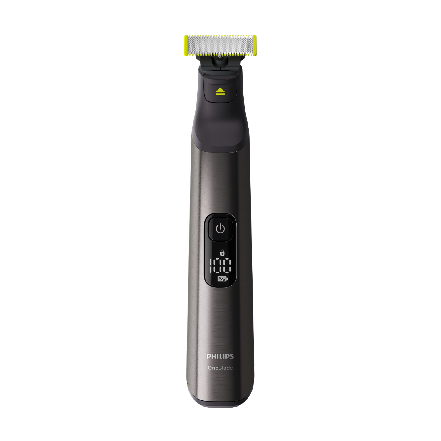 A black and gray Philips OneBlade trimmer, with a digital display and a yellow blade.