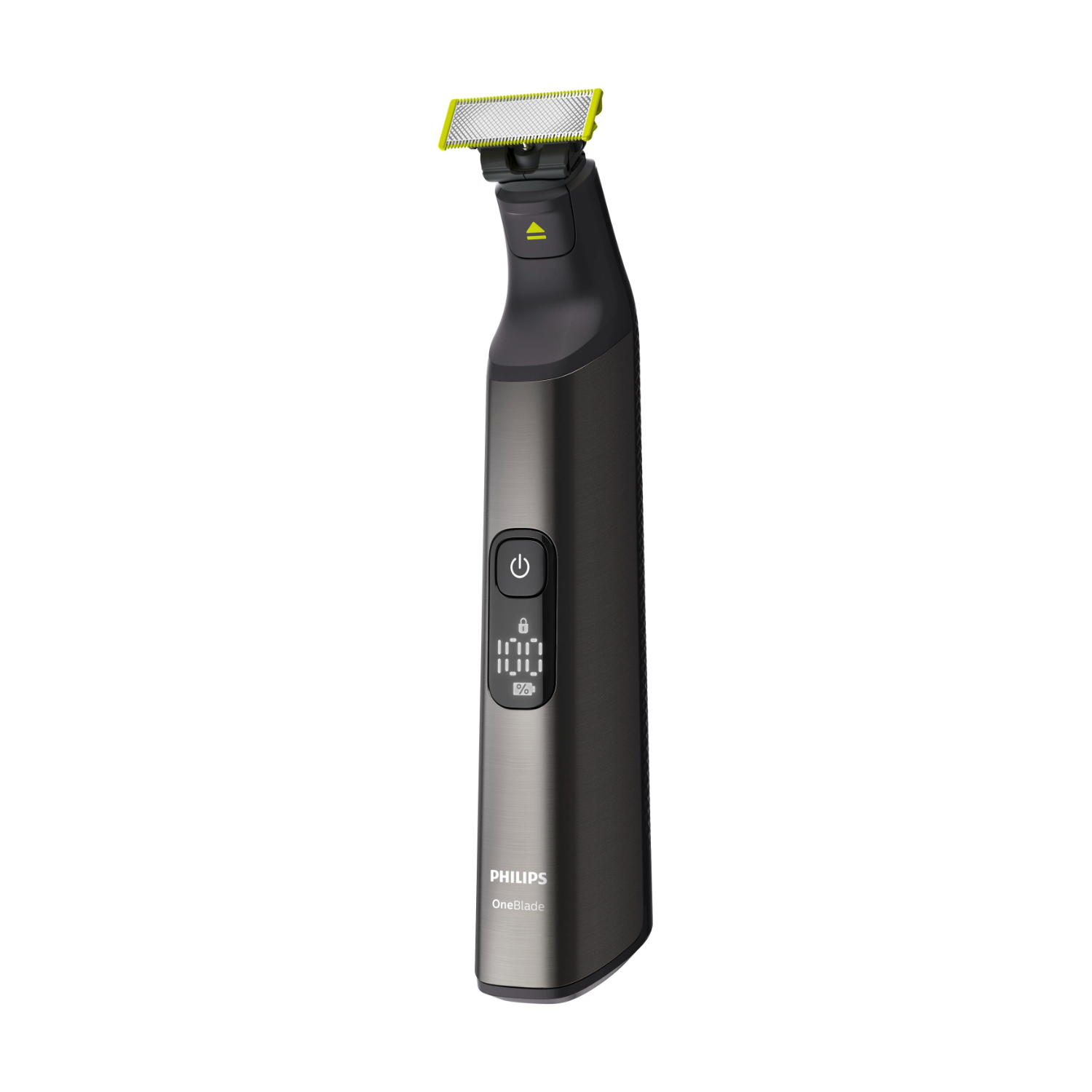 A black and grey Philips OneBlade trimmer. It has a yellow blade, and a digital screen. 