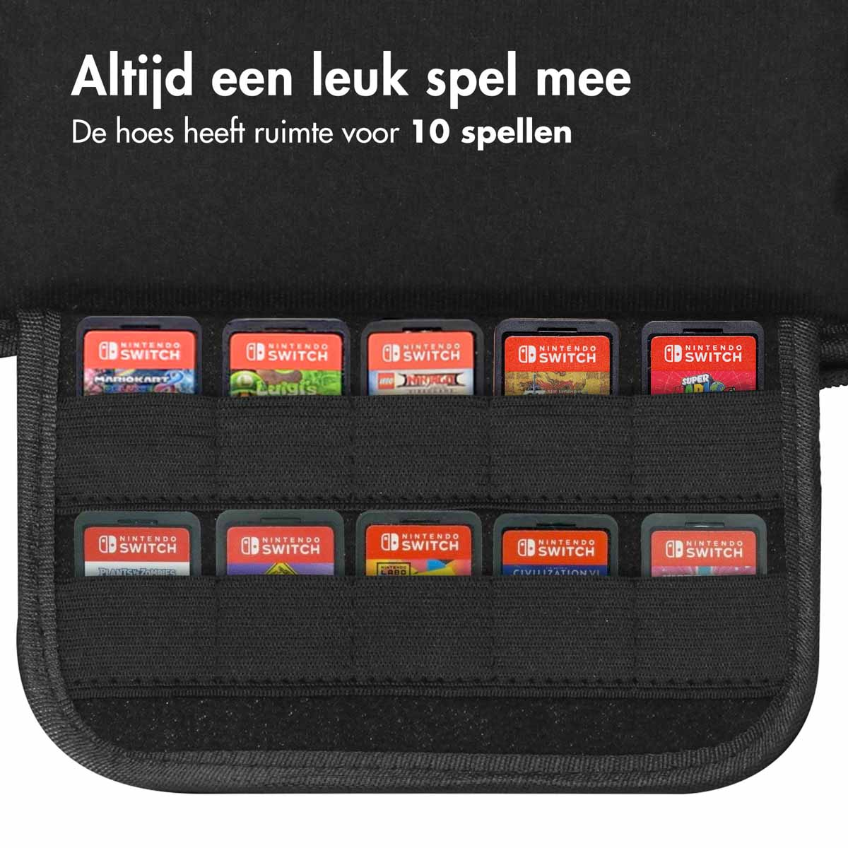 Schwarze Hülle mit 10 Nintendo Switch-Spielen in Fächern.