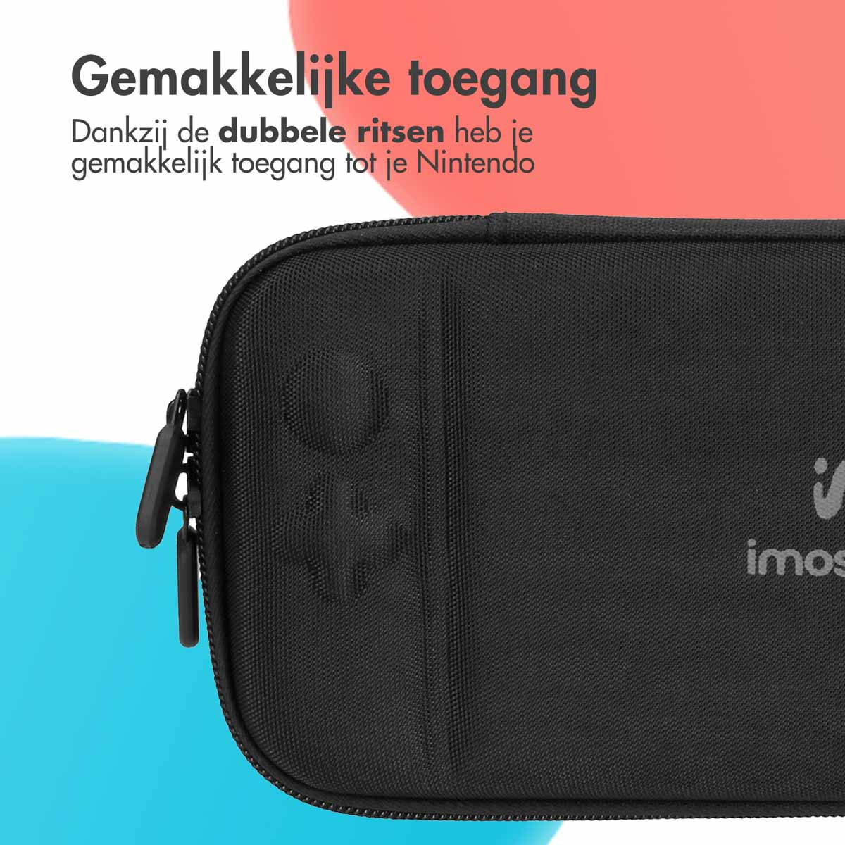 Schwarze Nintendo Switch Tasche mit Reißverschluss, auf blauem und rotem Hintergrund.