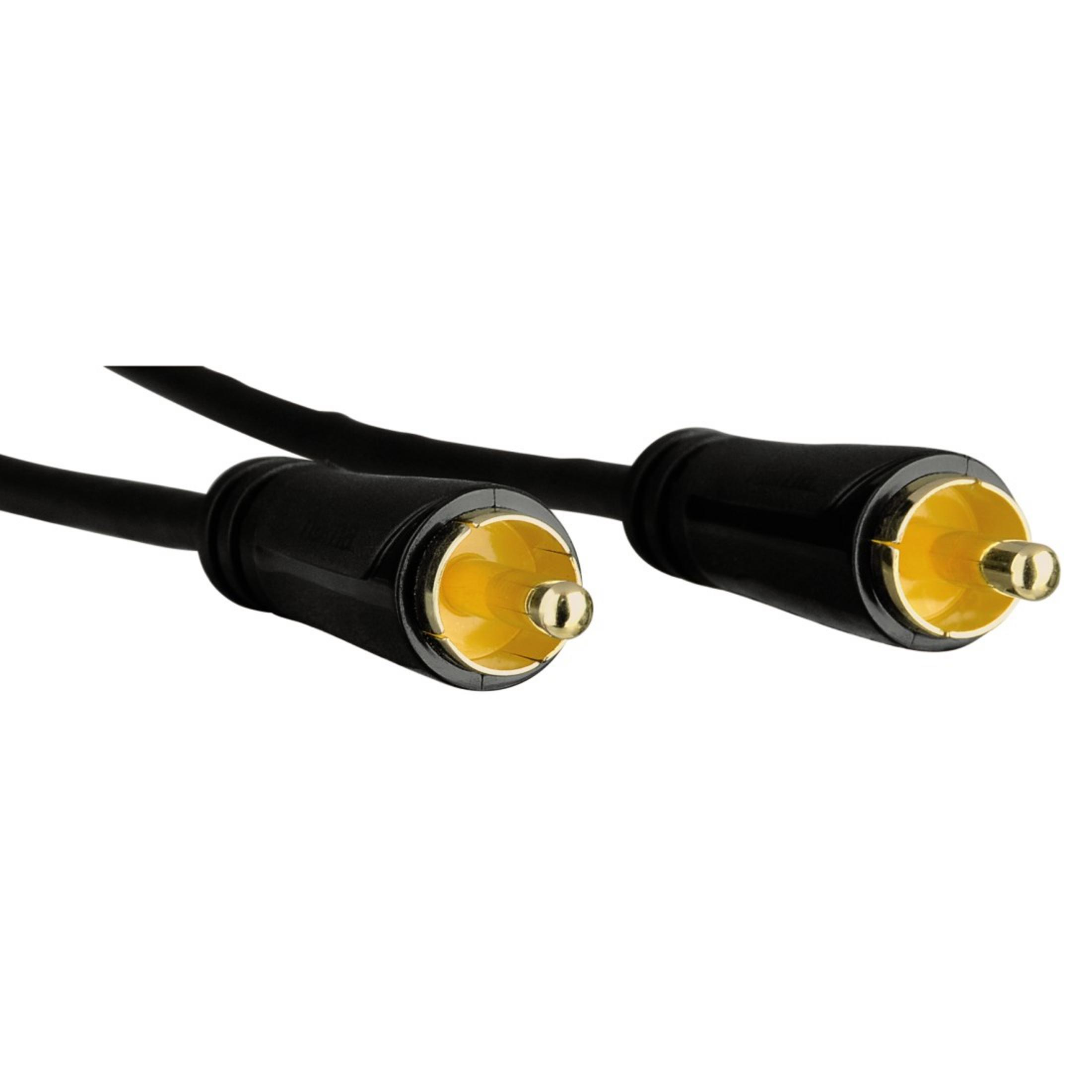 Schwarze RCA-Audiokabel mit goldfarbenen Steckern. Sie haben einen schwarzen Körper und sind vor weißem Hintergrund.
