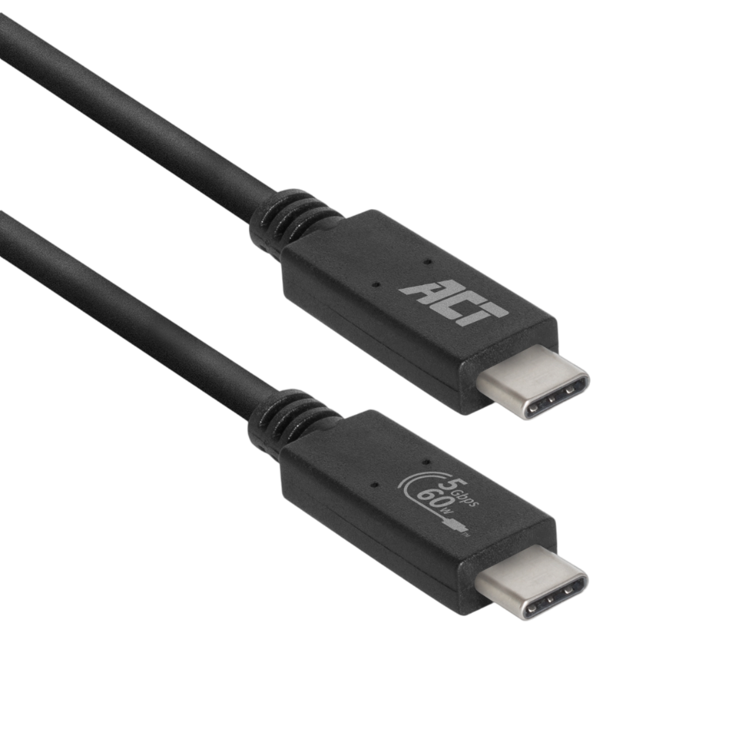 Zwarte USB-C-kabels met connectoren. Zwarte achtergrond. ACT-logo zichtbaar.