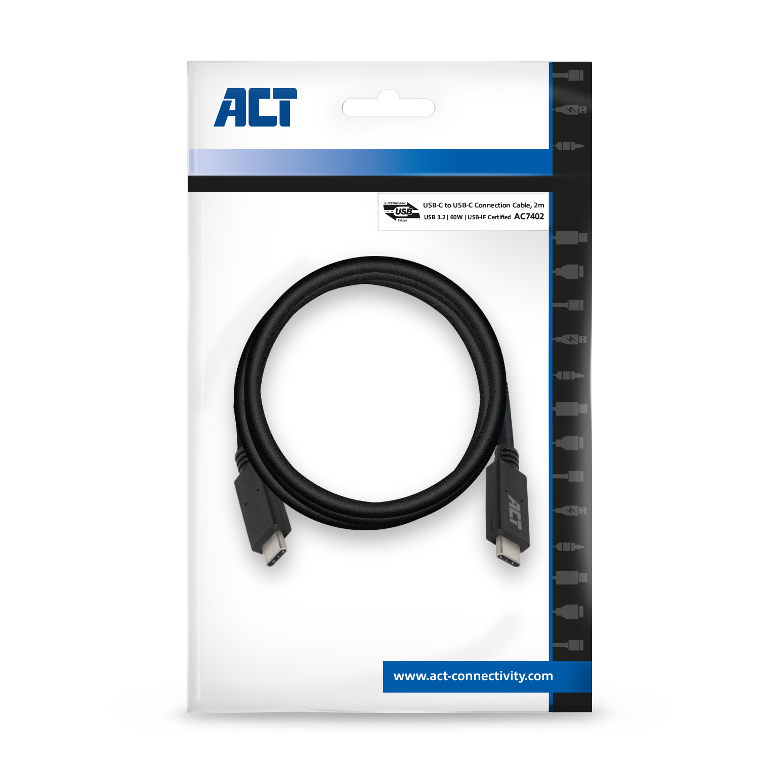 USB-C-kabel in verpakking. De kabel is zwart. De verpakking is wit en blauw.