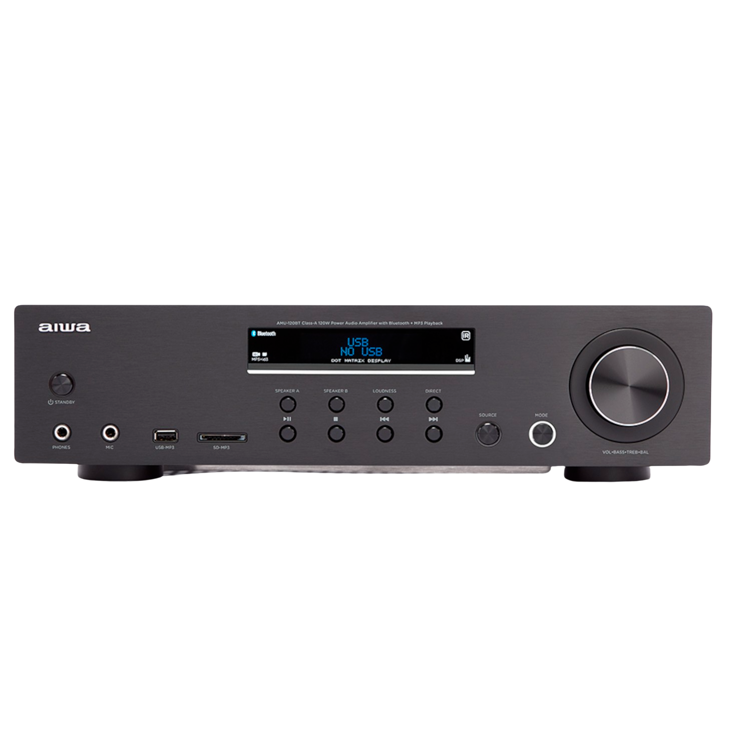Ein schwarzer AIWA Audio-Receiver mit Display und Knöpfen, auf weißem Hintergrund.