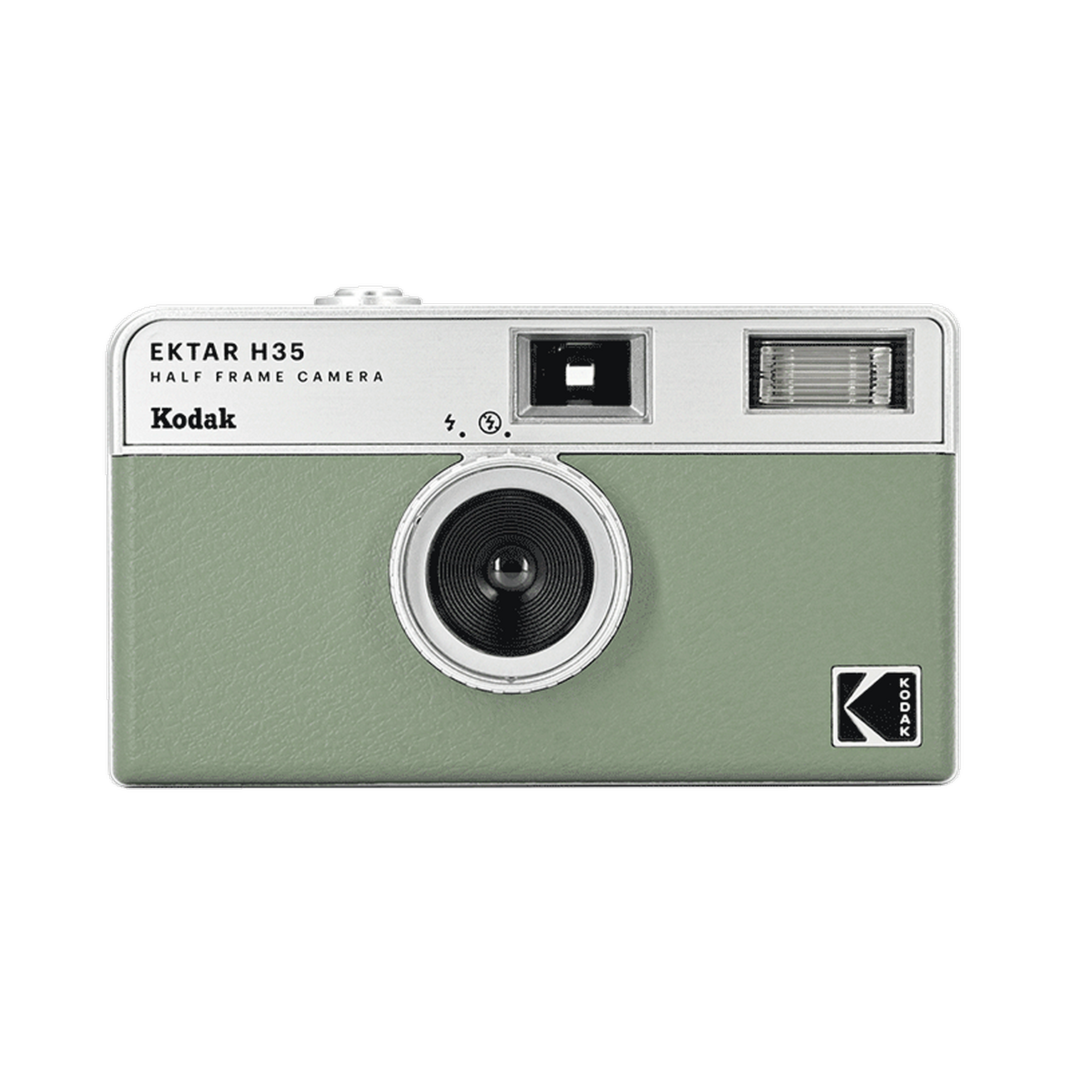 Fotocamera Kodak Ektar H35 verde, con obiettivo nero e dettagli argento.