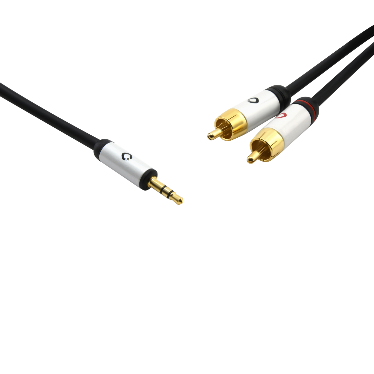 Câbles audio avec prise jack 3,5 mm et connecteurs RCA. Câble noir et fond blanc.