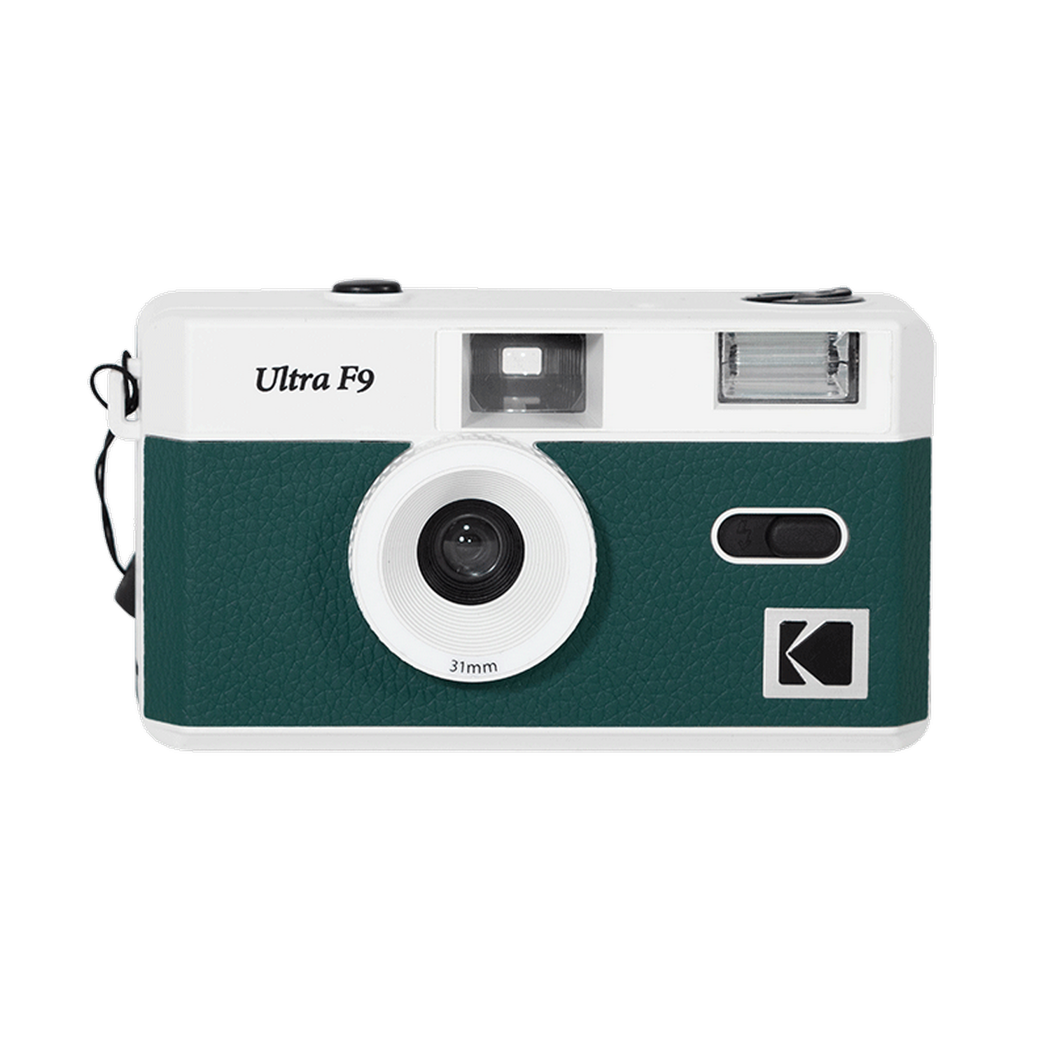 Una fotocamera Kodak Ultra F9 bianca e verde, con obiettivo e flash, su sfondo verde.