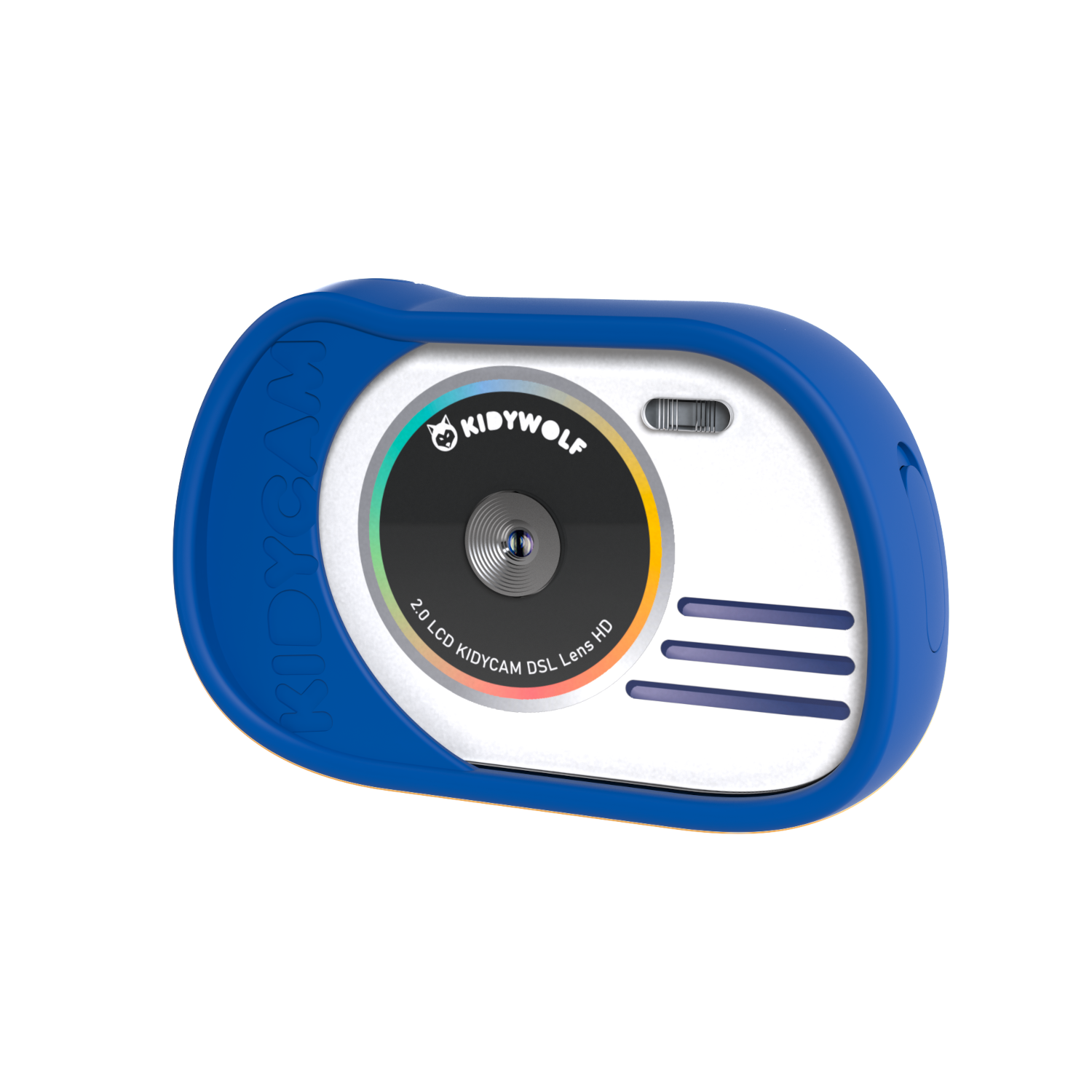 Fotocamera blu per bambini con frontale bianco e custodia protettiva blu. Il logo Kidywolf è visibile.