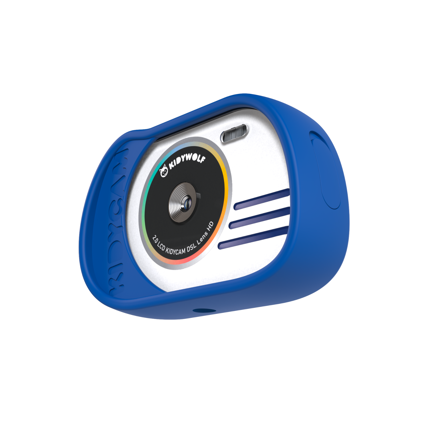 Fotocamera giocattolo Kidycams blu. La fotocamera ha un frontale bianco e un telaio in gomma blu.