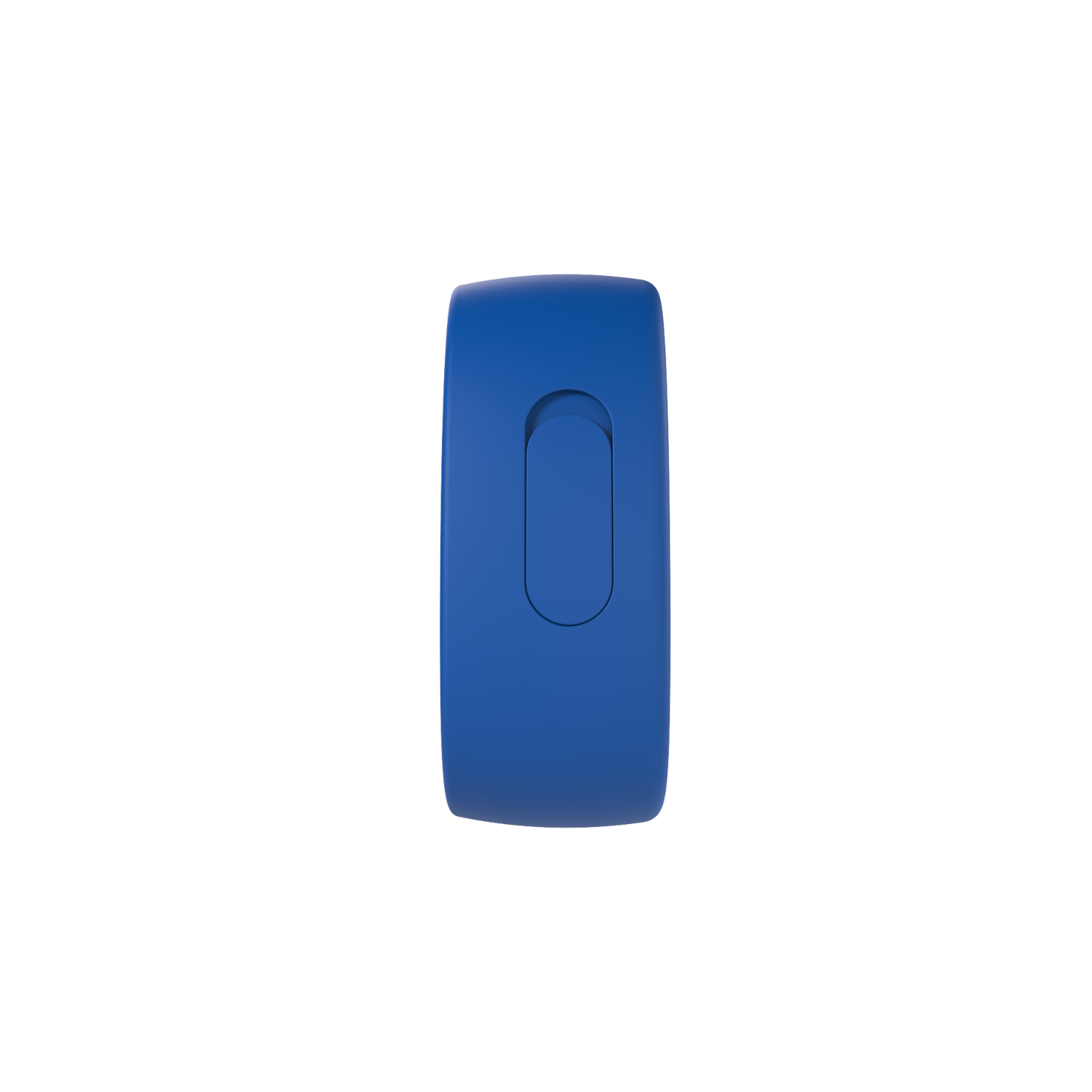 Un fitness tracker blu. Il tracker ha uno schermo. Sfondo nero.
