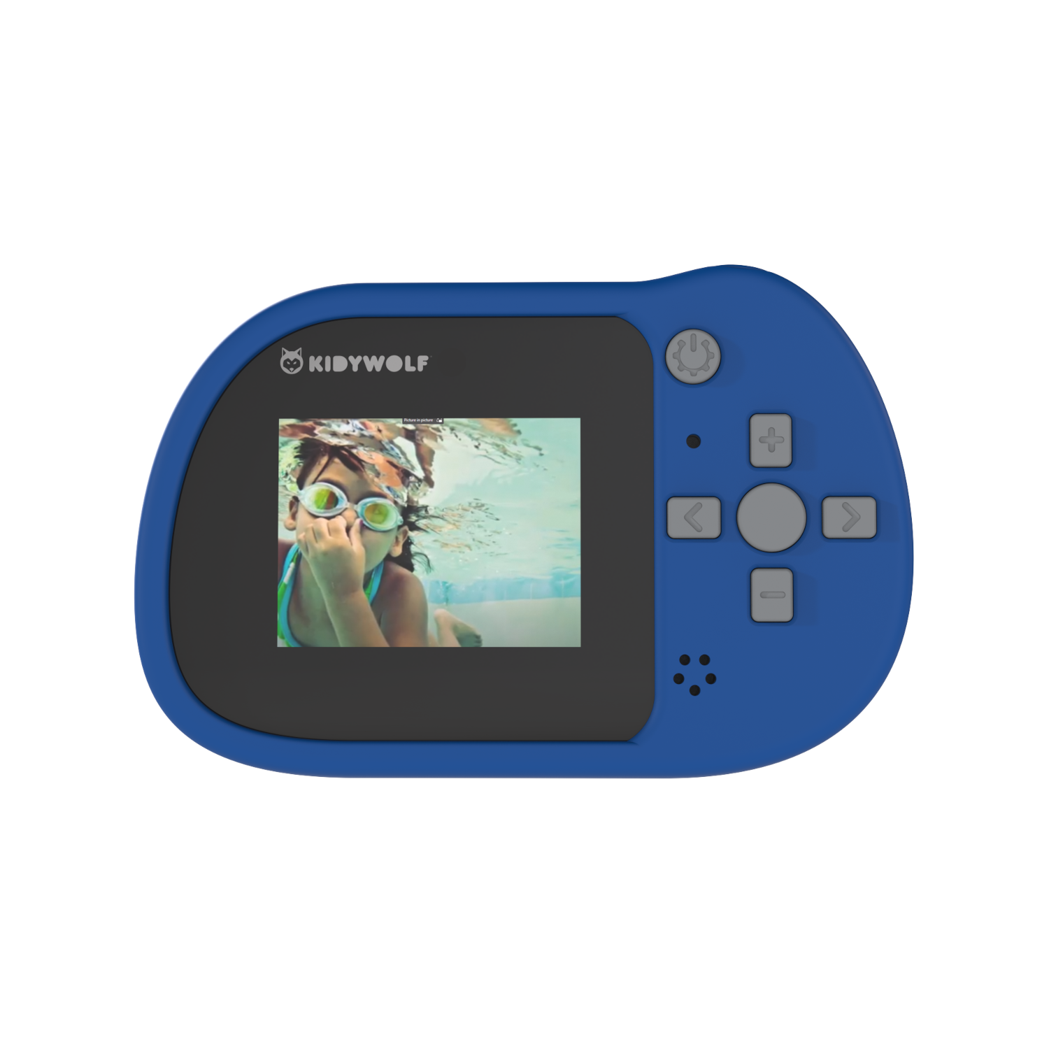 Fotocamera subacquea blu Kidywolf che mostra un bambino in piscina con occhiali.