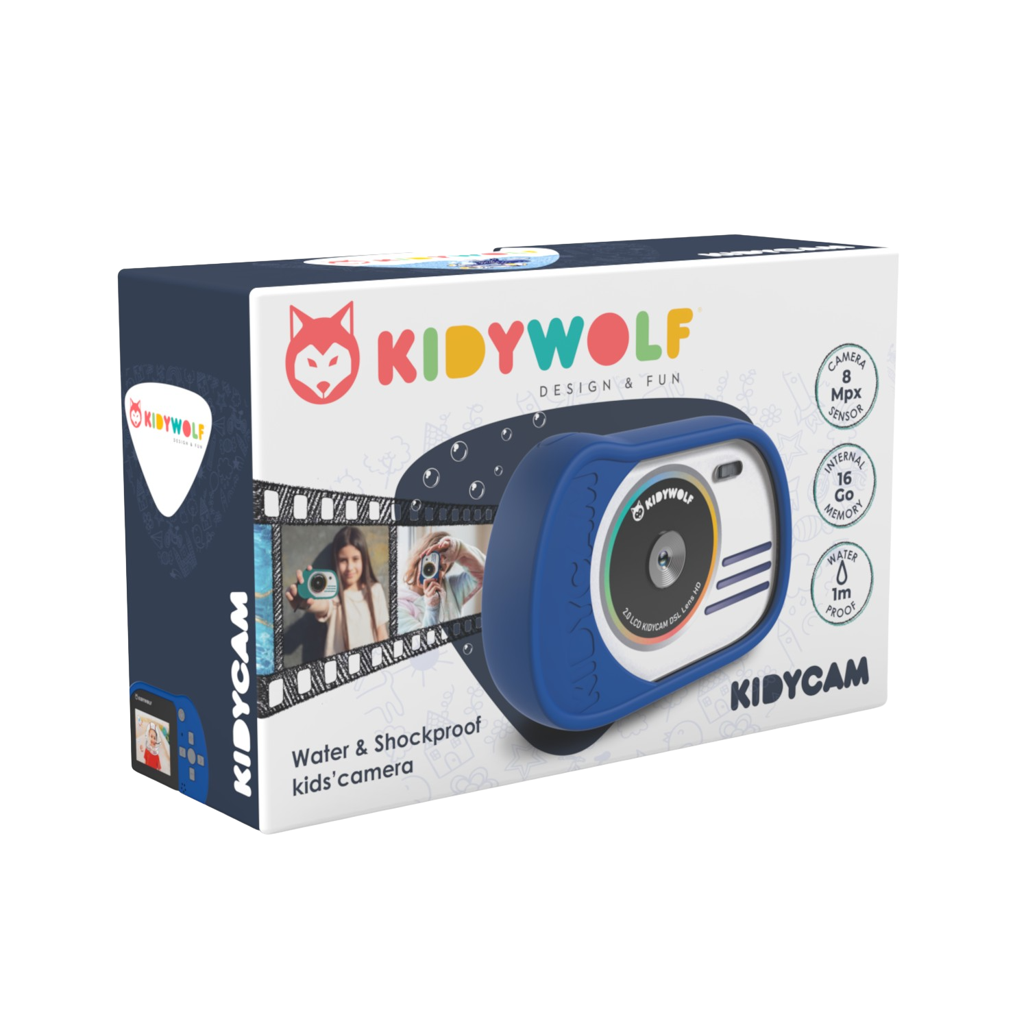 Fotocamera e scatola per bambini. La fotocamera è blu, con dettagli bianchi e rossi. La scatola ha immagini.