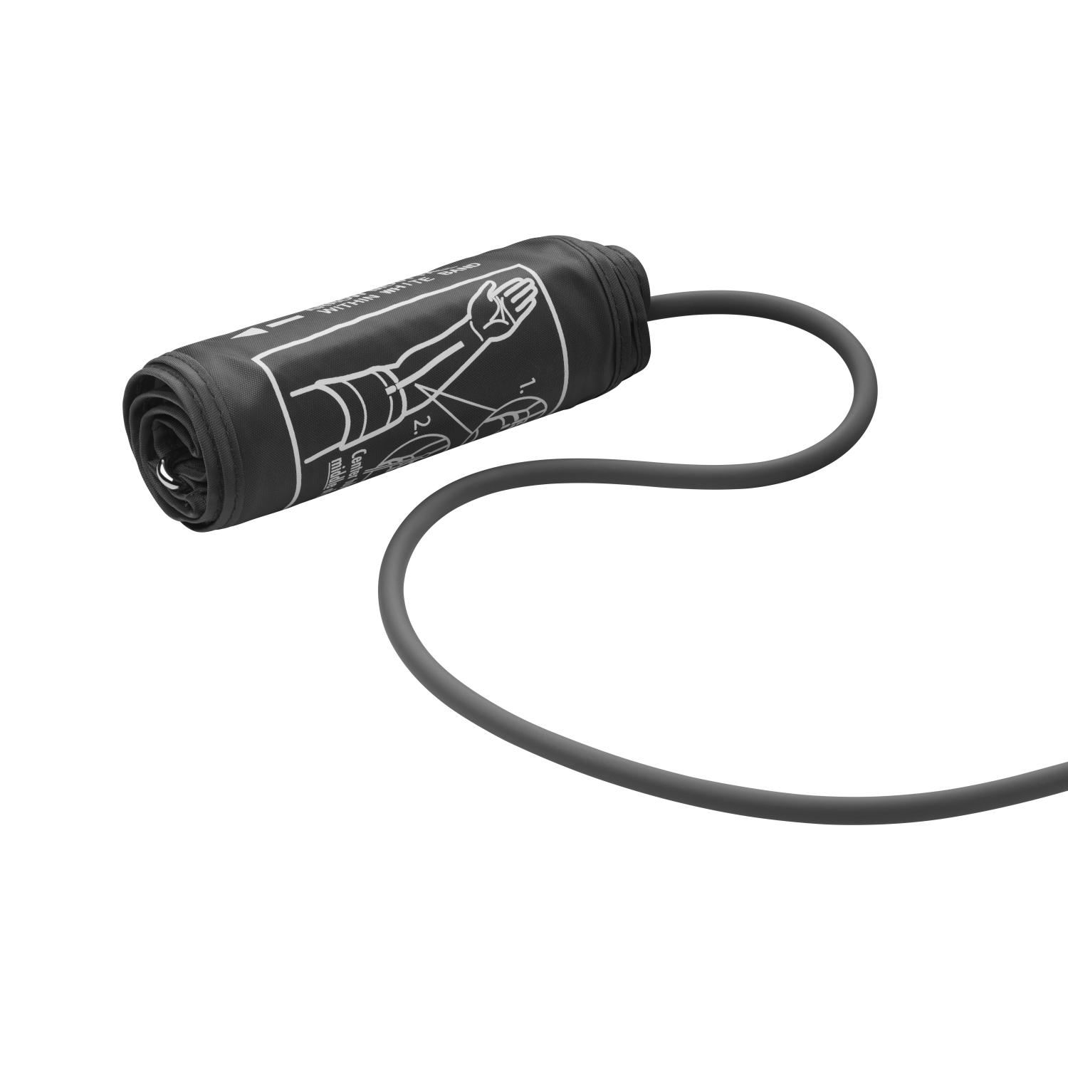 Czarny mankiet do mierzenia ciśnienia krwi zwinięty. Dołączona rurka. Czarne tło.