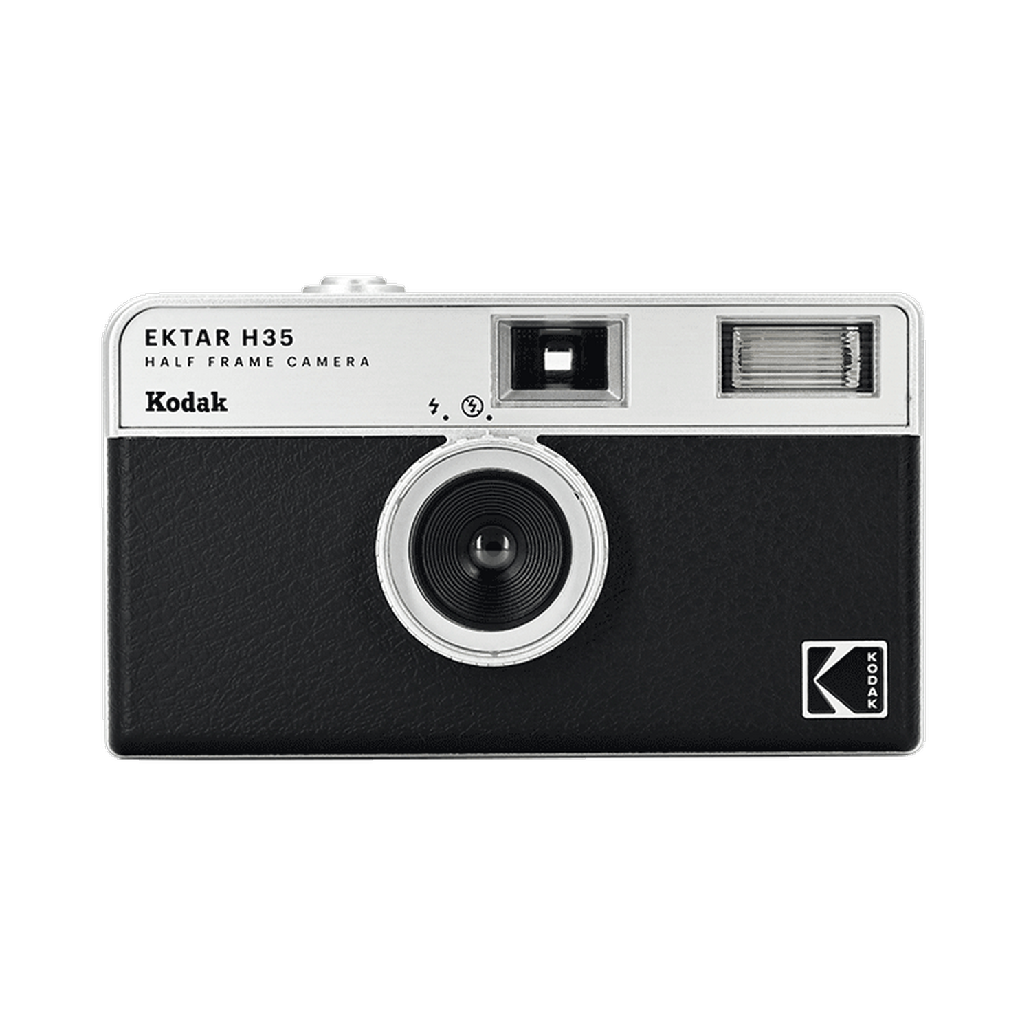 Una cámara de medio formato Kodak Ektar H35 en negro y plata.