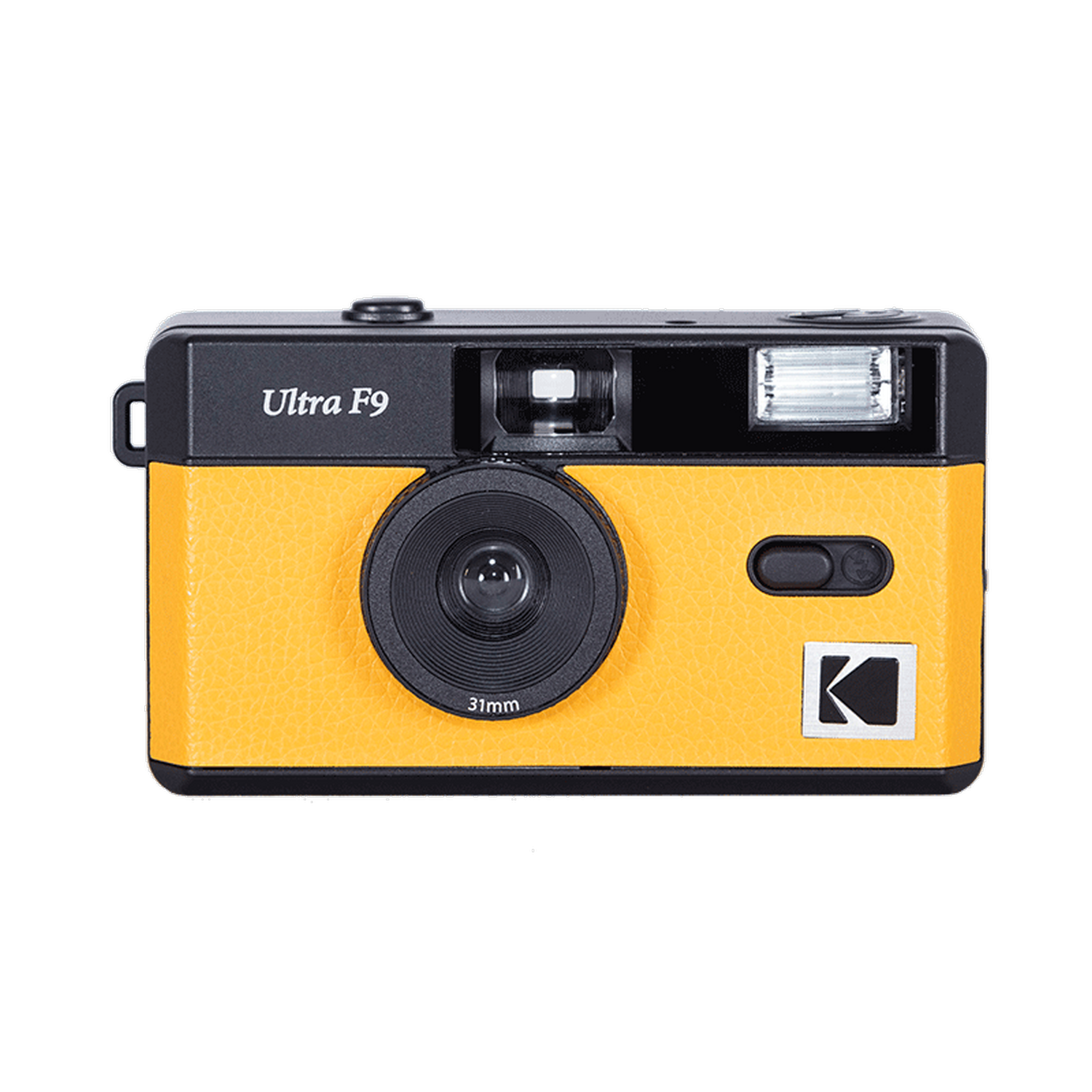 Gelbe Kodak Ultra F9 Kamera mit schwarzem Aufsatz und Blitz.