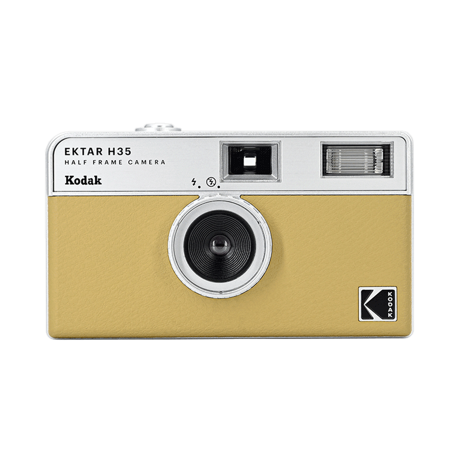 Una cámara de medio formato Kodak Ektar H35 amarilla, con lente negra y detalles plateados.