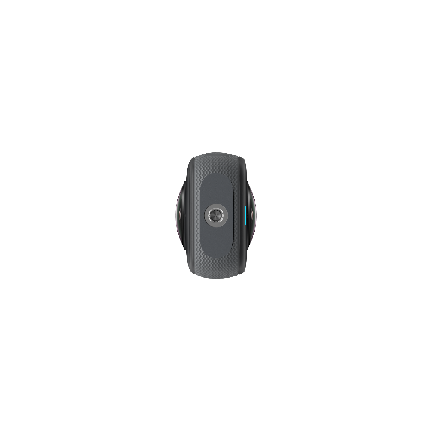 Fotocamera a 360 gradi grigio scuro. Ha una forma cilindrica con una lente su ogni lato.