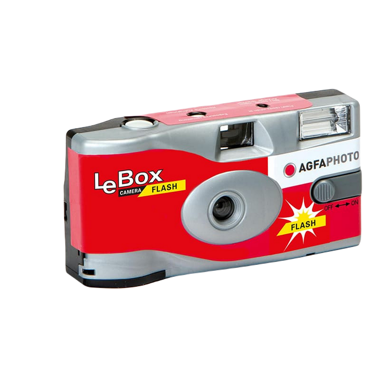 Una macchina fotografica usa e getta rossa e argento con marchio "Le Box" e "AGFA".