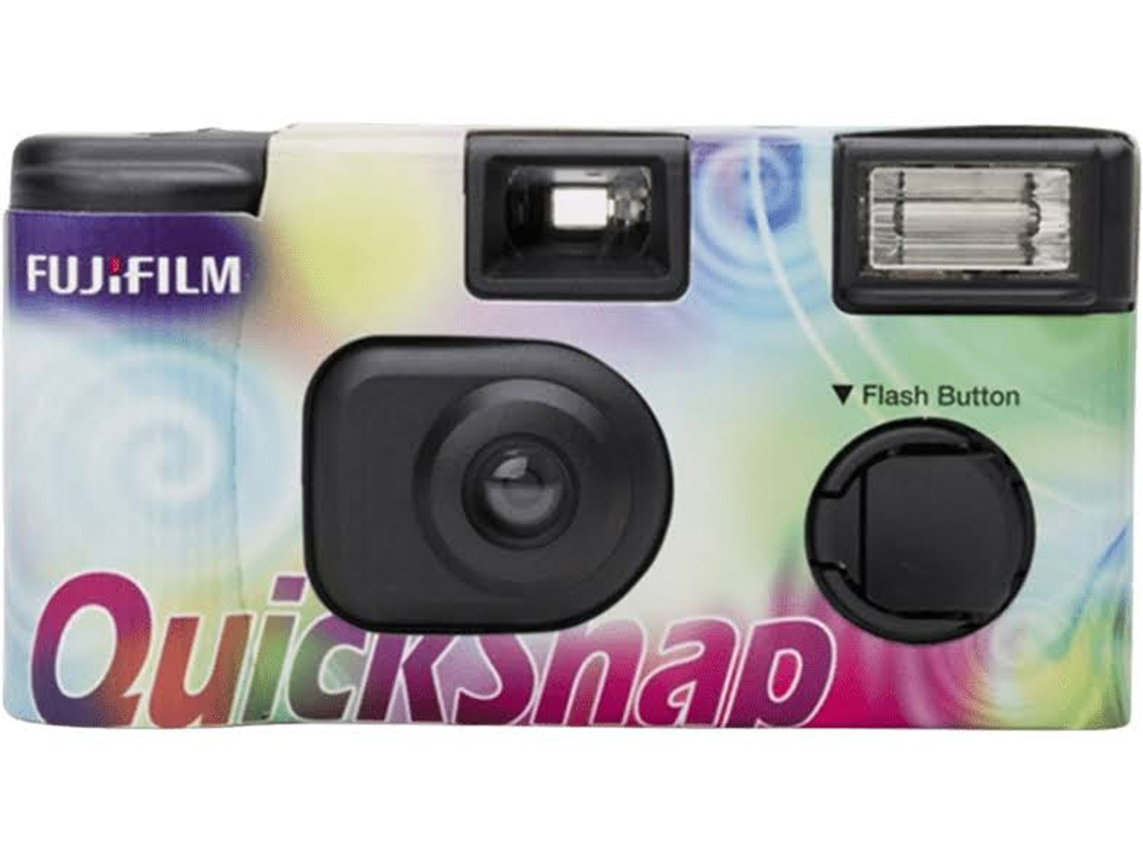 Cámara desechable Fujifilm Quicksnap con patrón colorido, lente y flash.