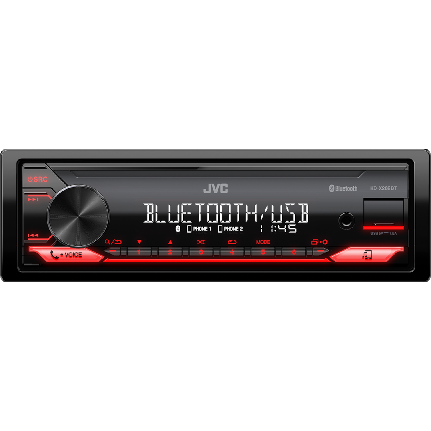 Ein schwarzes JVC-Autoradio mit Anzeige von 'Bluetooth/USB' und Uhrzeit. Rote beleuchtete Tasten.