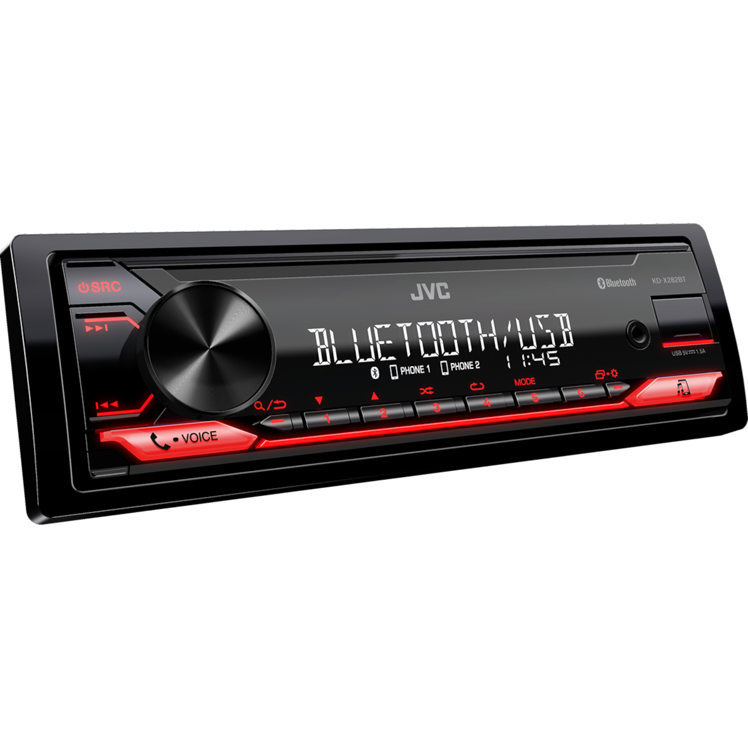 Autoradio mit Display, das Bluetooth/USB anzeigt, und roten Tasten.