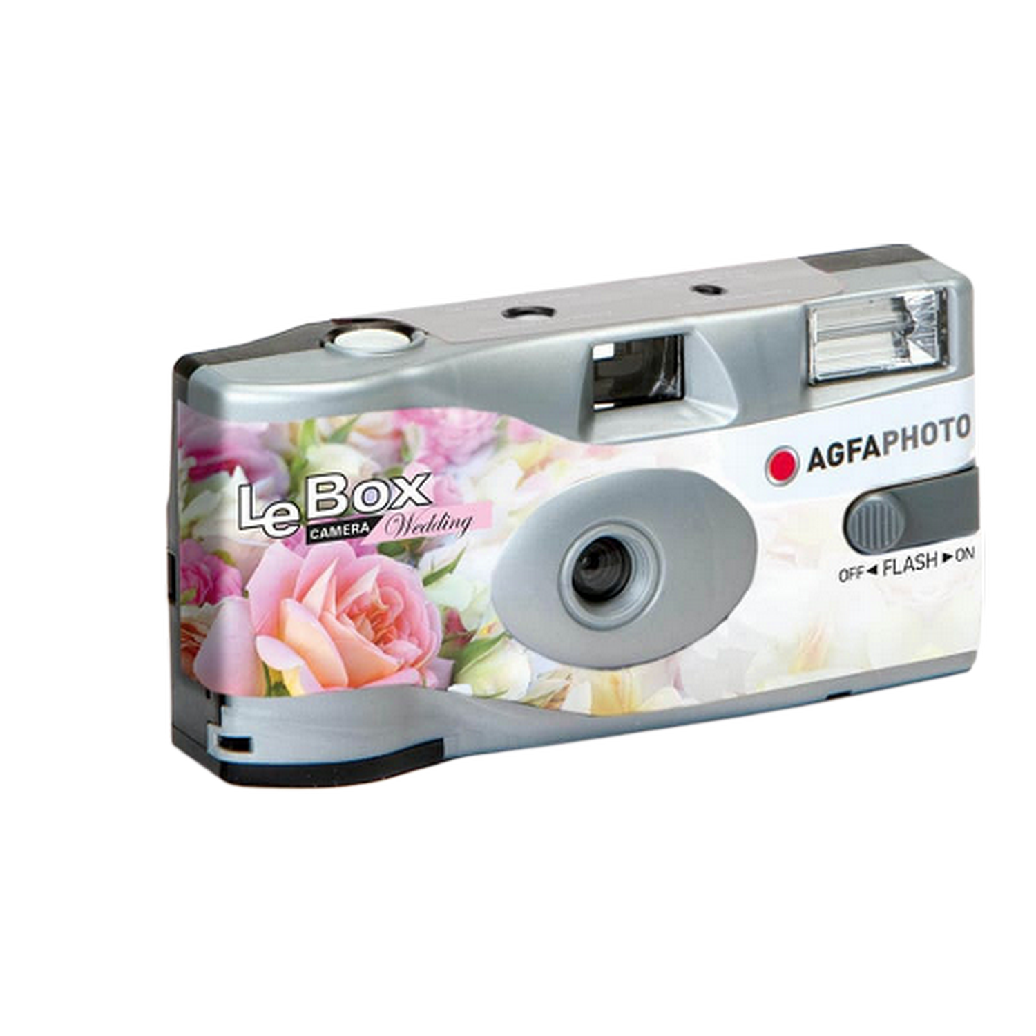 Fotocamera usa e getta AgfaPhoto Le Box Wedding con motivo a rose rosa su sfondo nero.