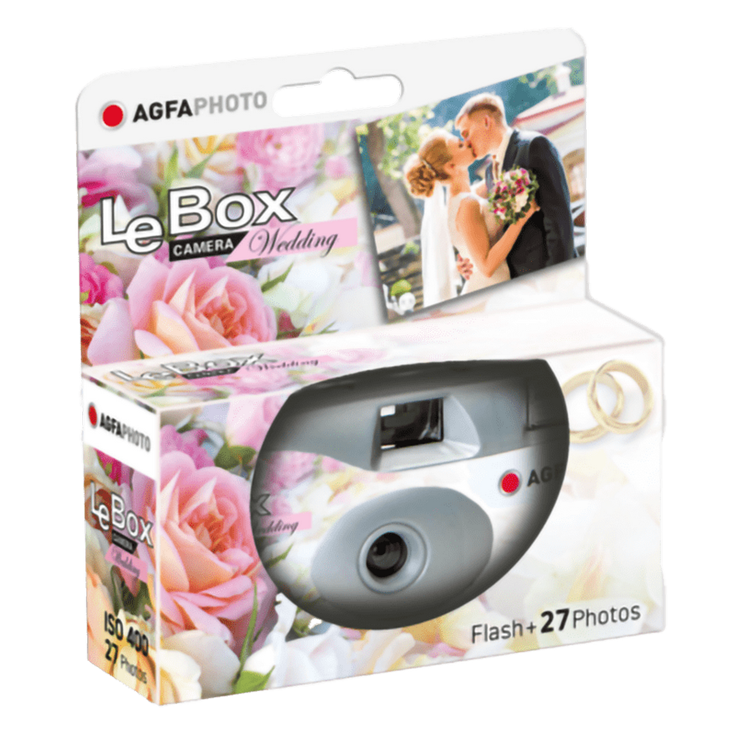 Fotocamera usa e getta Agfaphoto Le Box Wedding in confezione con rose e foto di nozze.
