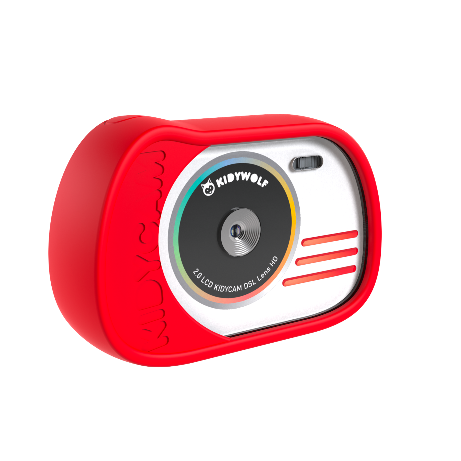 Una fotocamera Kidywolf rossa con una faccia bianca. Ha un obiettivo e dei pulsanti sul davanti.