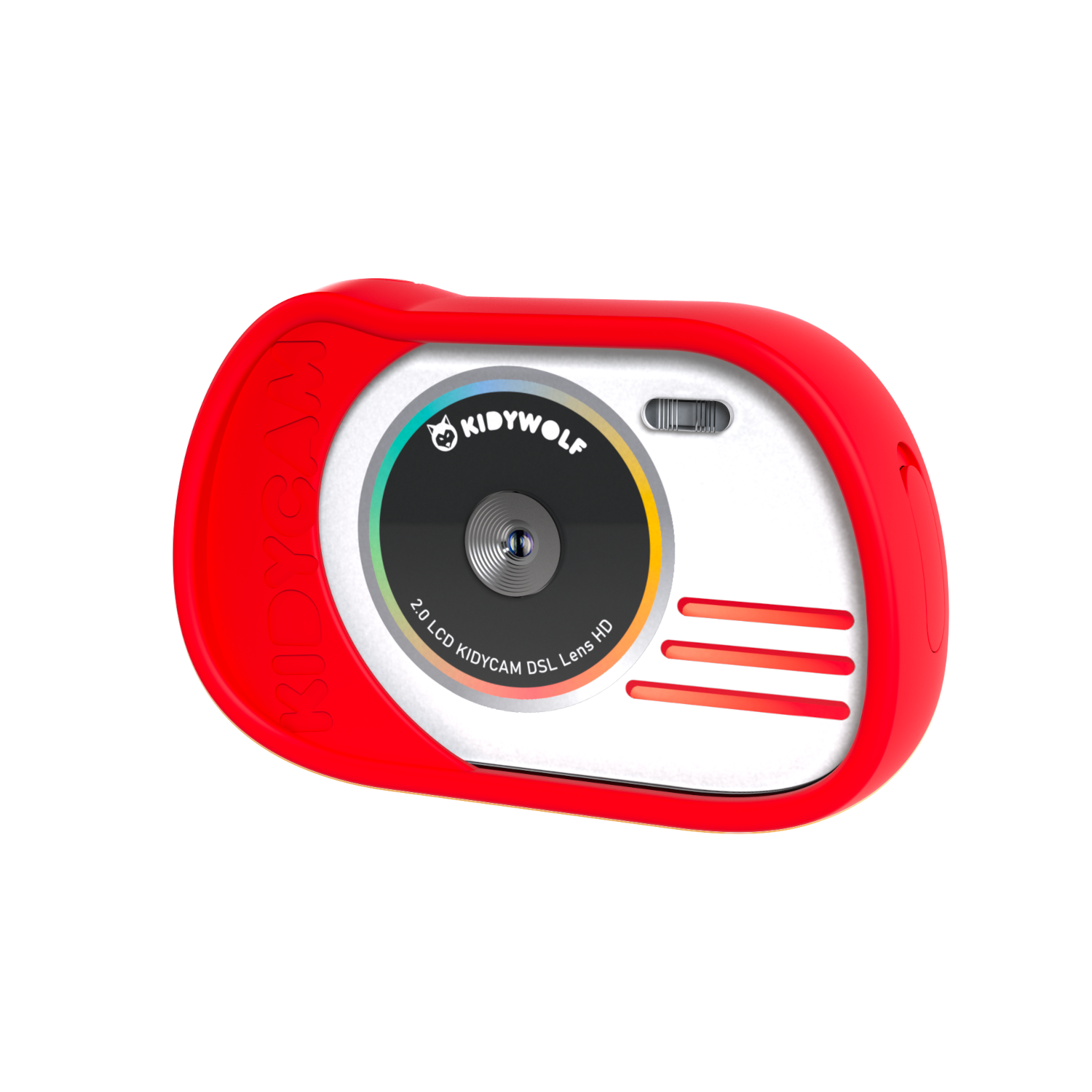Fotocamera digitale rossa e bianca con obiettivo nero e cornice rossa.