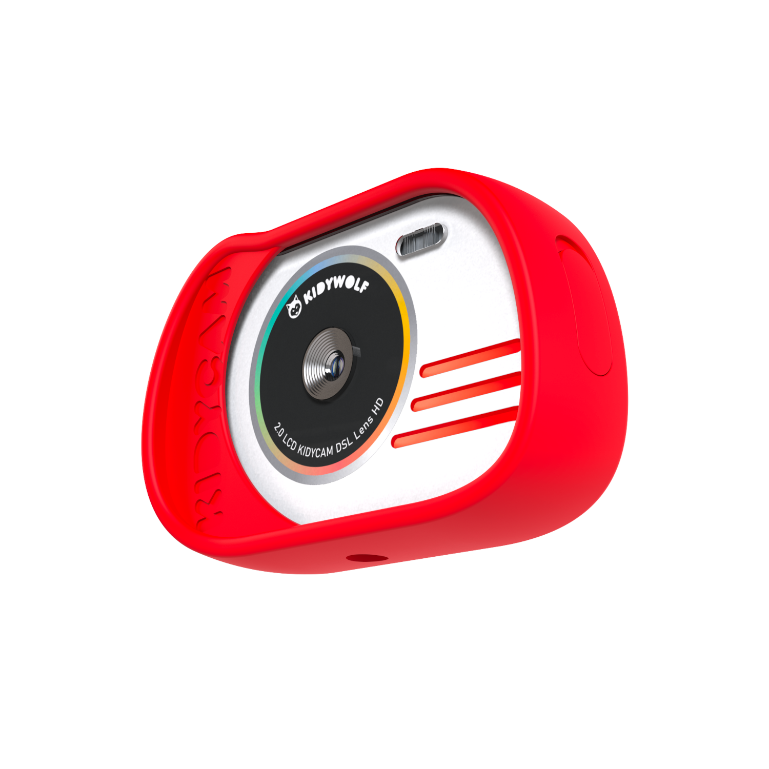 Fotocamera rossa per bambini con frontale bianco e custodia protettiva rossa. Il logo Kidywolf è visibile.