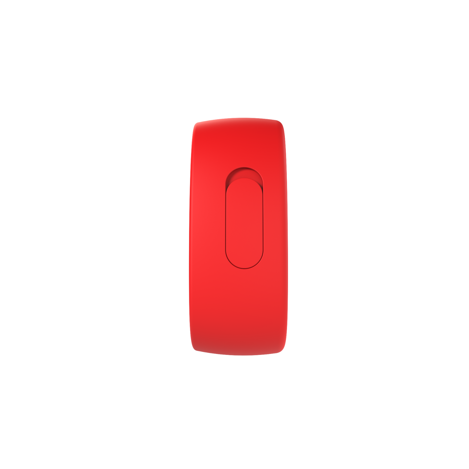 Un fitness tracker rosso. Il tracker ha uno schermo. Sfondo nero.