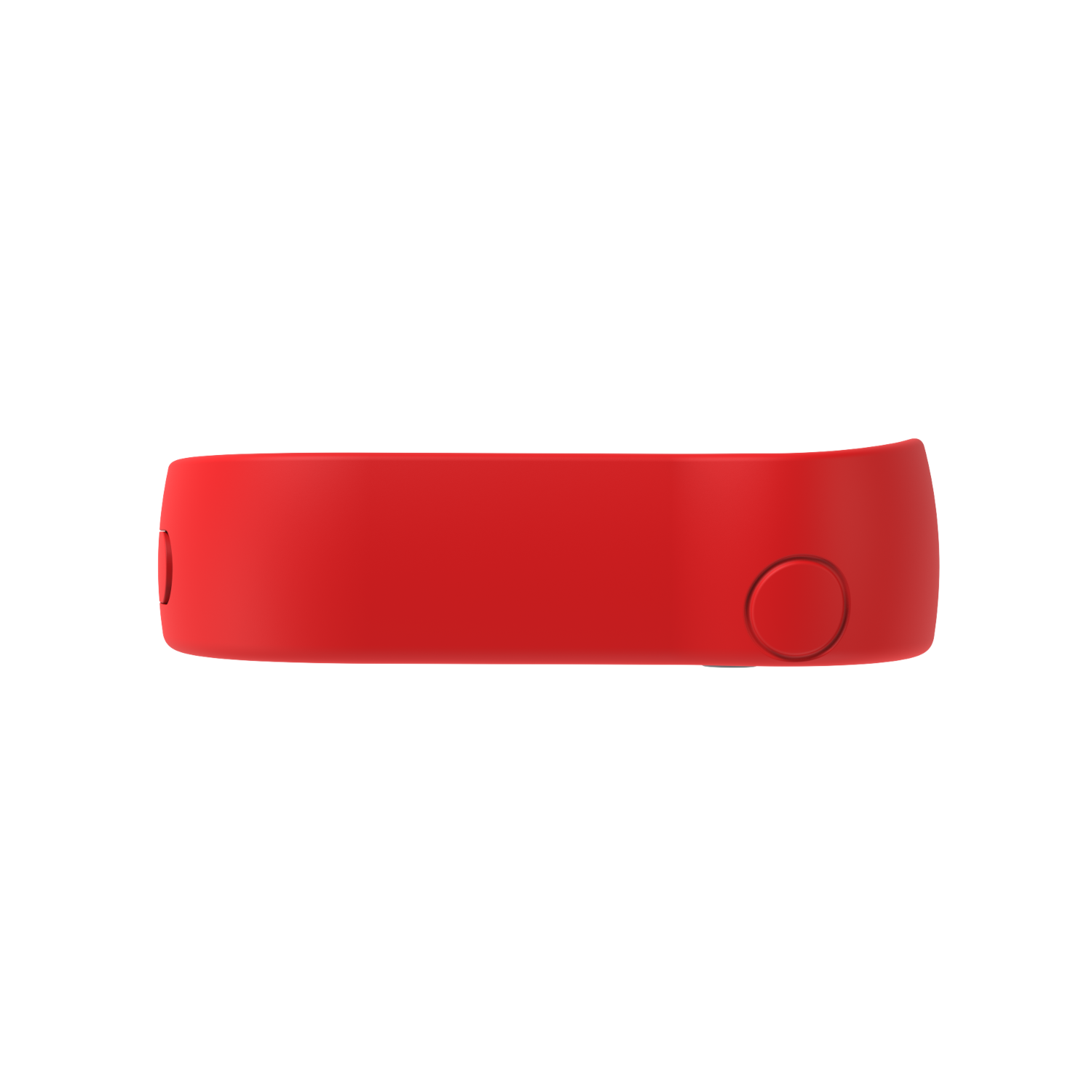 Un fitness tracker rosso con bordi arrotondati e due elementi circolari.