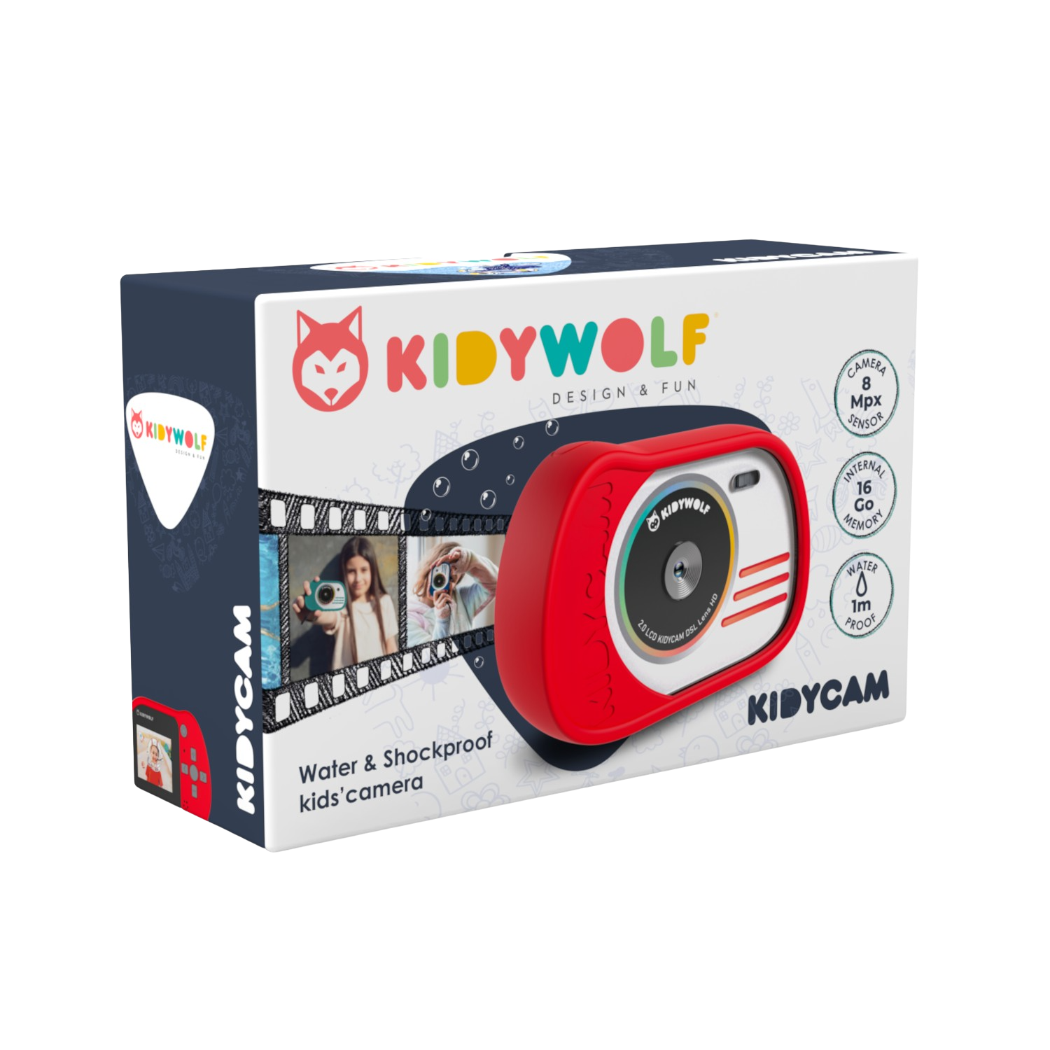 Fotocamera e scatola per bambini. La fotocamera è rossa, con dettagli bianchi e blu. La scatola ha immagini.