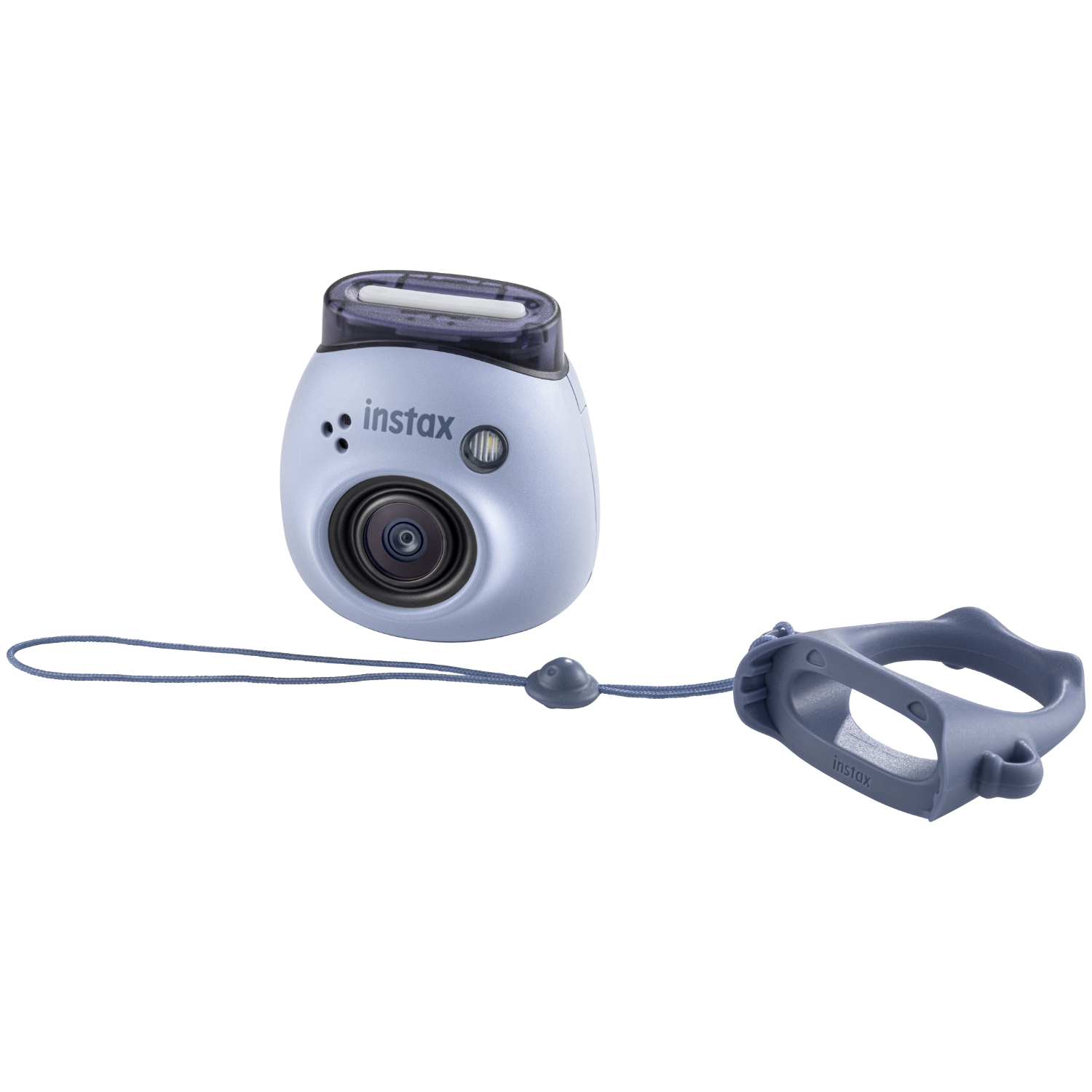 Niebieski aparat Instax z paskiem i uchwytem na czarnym tle.